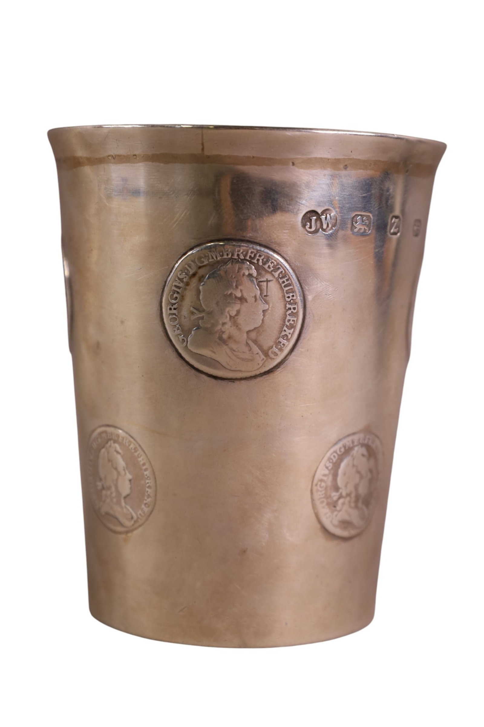 J. WALKER MINT JULEP CUP: J WALKER MINT JULEP CUP, BIRMINGHAM HALLMARK, WITH 8 GEORGE I 1723 BRITISH COINS. APPROX 190 GRAMS.