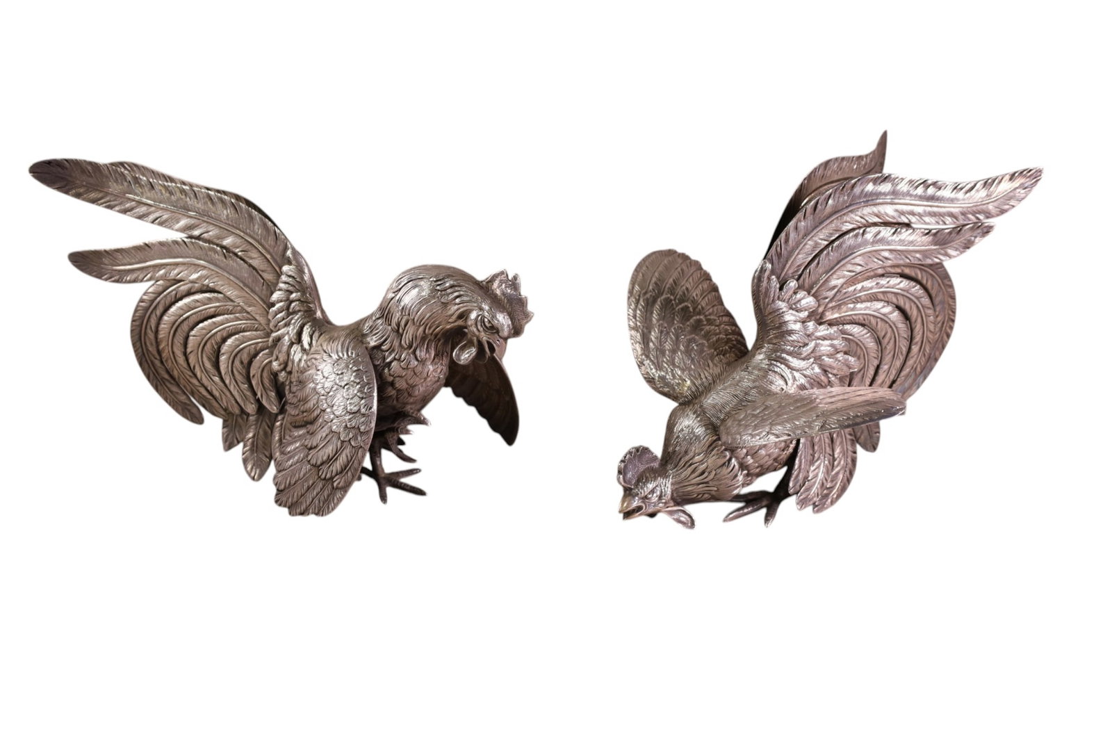 PAIR OF STERLING SILVER ROOSTERS: PAIR OF LARGE STERLING SILVER ROOSTERS, BODY IS WEIGHTED, ONE MARKED STERLING, APPROX 1500 GRAMS