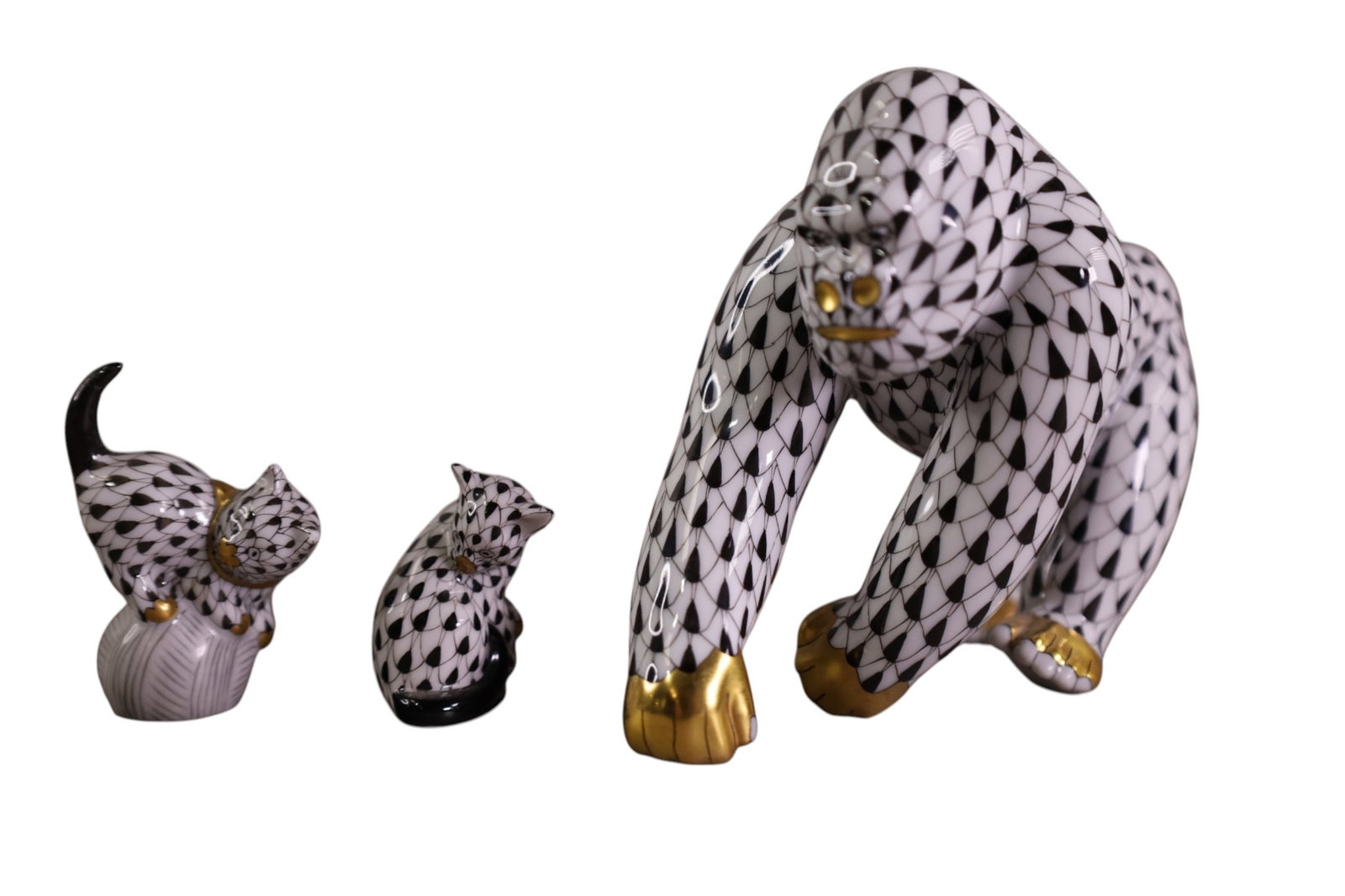 3 PIECES OF HEREND: GORILLA, AND 2 CATS, SMALL HEREND FIGURES. 2 1/2" H & 4" H.