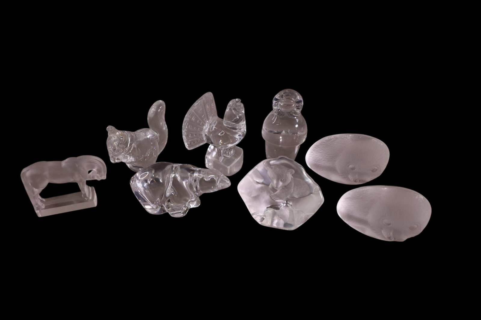 8 CRYSTAL ANIMAL PAPERWEIGHTS: 8 SMALL CRYSTAL PAPERWEIGHTS, INCLUDING JOHANSSON, R. LALIQUE HORSE, 3" - 5" H.