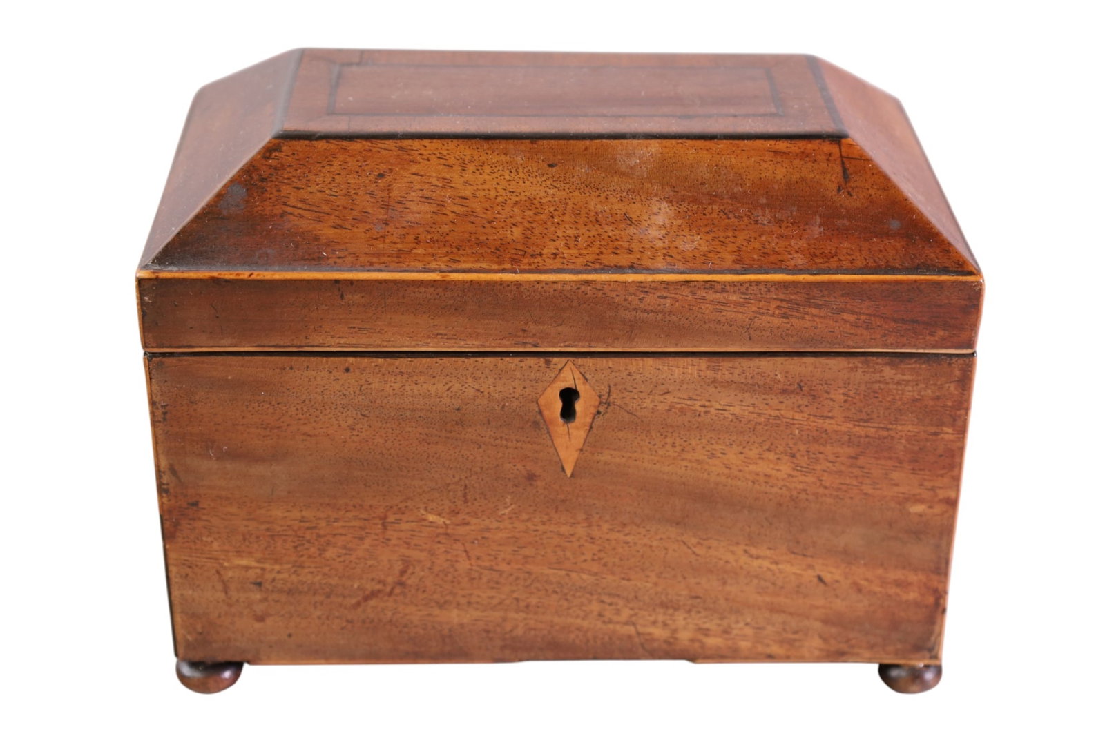 INLAID TEA CADDY: HINGED LID INLAID TEA CADDY, MISSING INTERIOR. 8" W x 6" H.