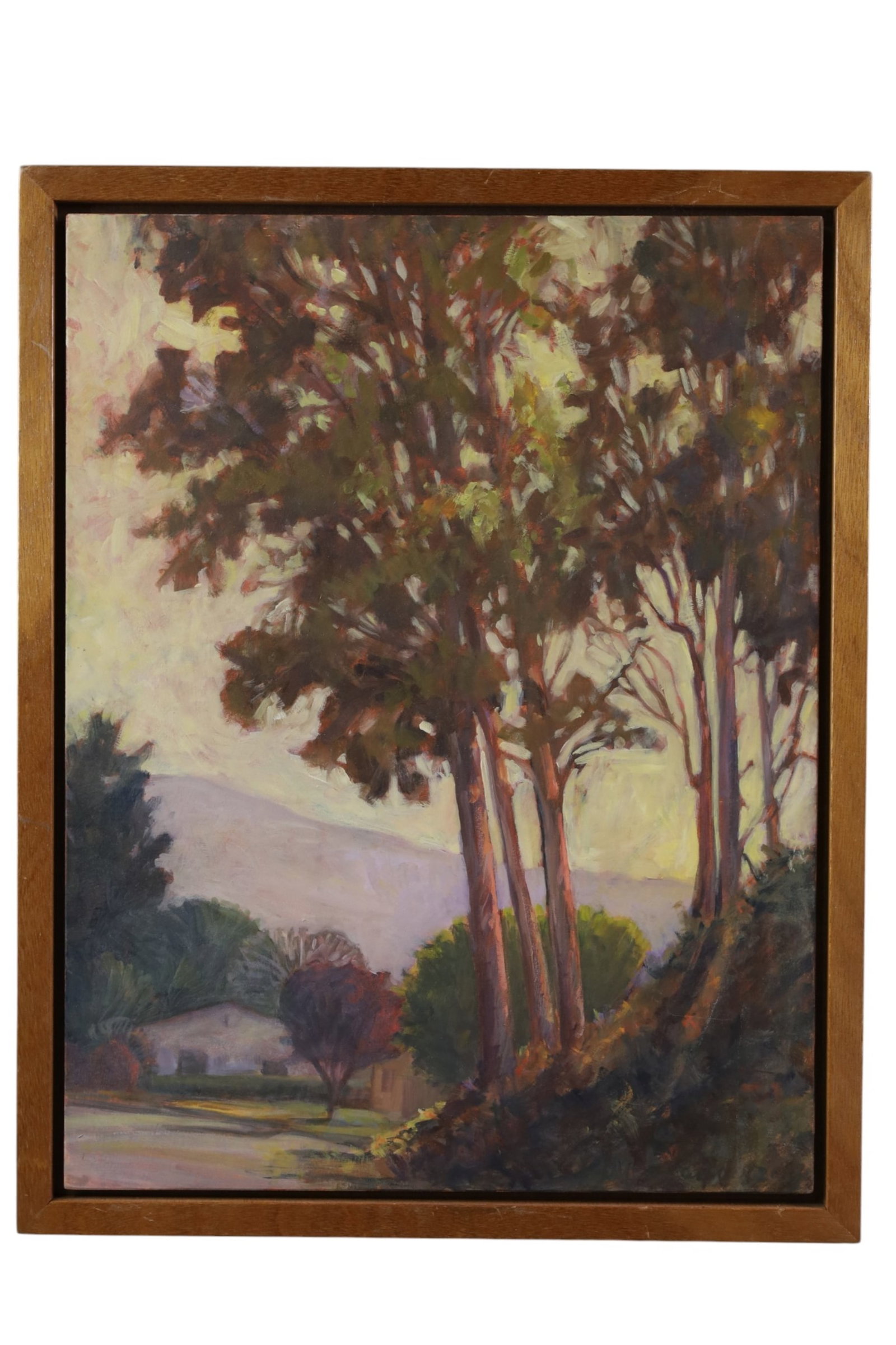 ELLEN YEOMANS OIL PAINTING: OIL ON BOARD, TITLED SENTINALS, LANDSCAPE OIL PAINTING. 13 1/2" x 17"