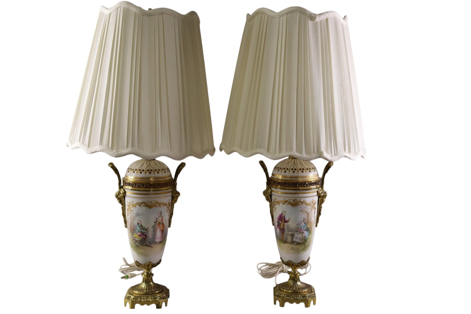 PAIR OF PORCELAIN TABLE LAMPS: PAIR OF SEVRES STYLE PORCELAIN TABLE LAMPS, 29" H.