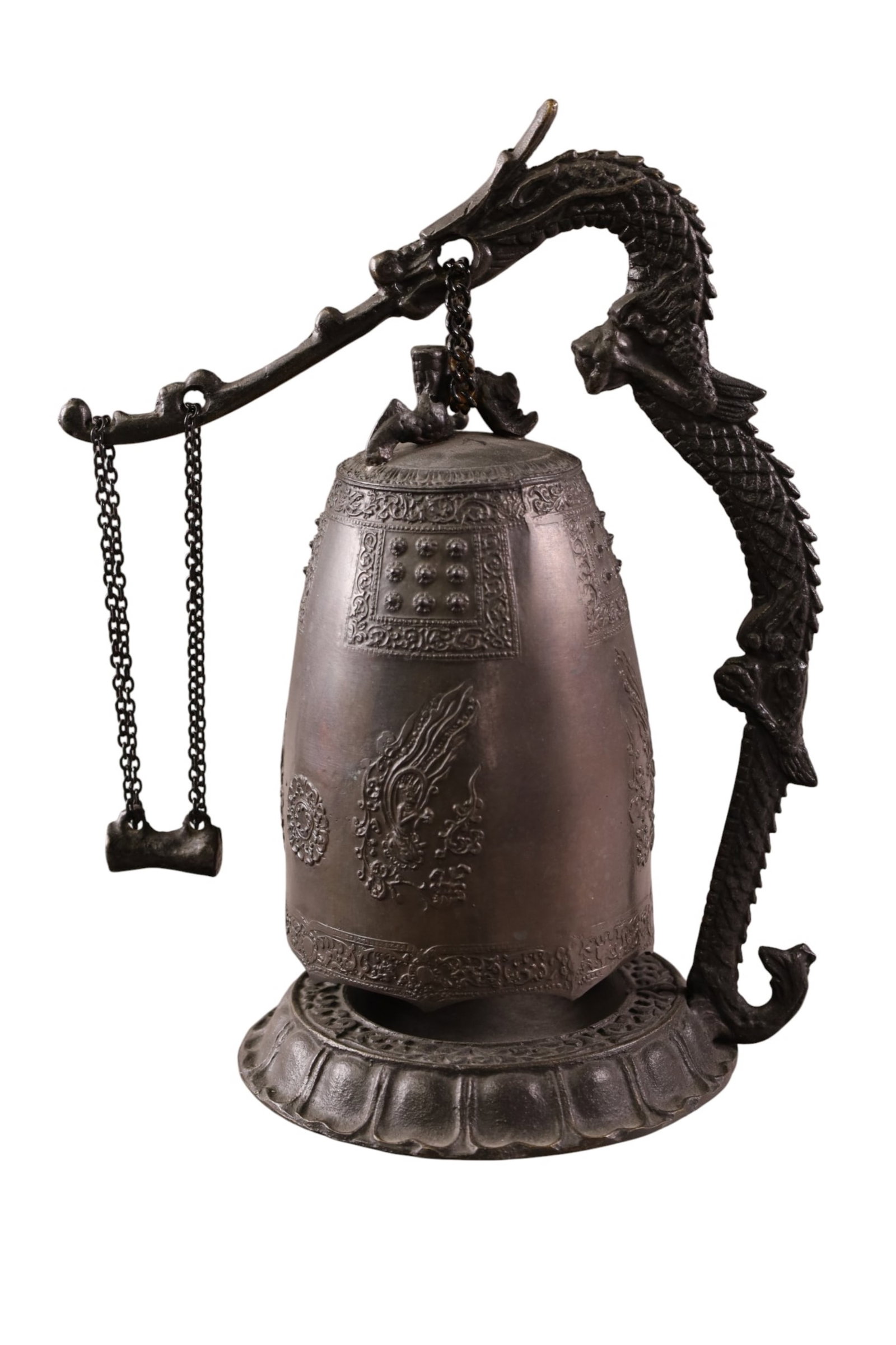 TIBETAN BUDDHIST PRAYER GONG: BRONZE TABLE TOP PRAYER GONG, DRAGON DECORATION. 11" H.