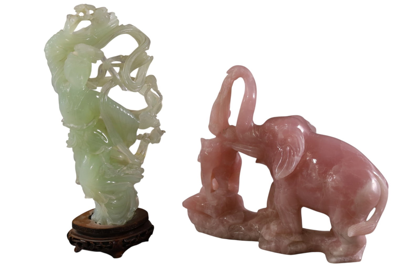 2 LARGE ASIAN STONE CARVINGS: ROSE QUARTZ ELEPHANT CARVING, & JADEITE CARVED FIGURE. 8" - 11" H.