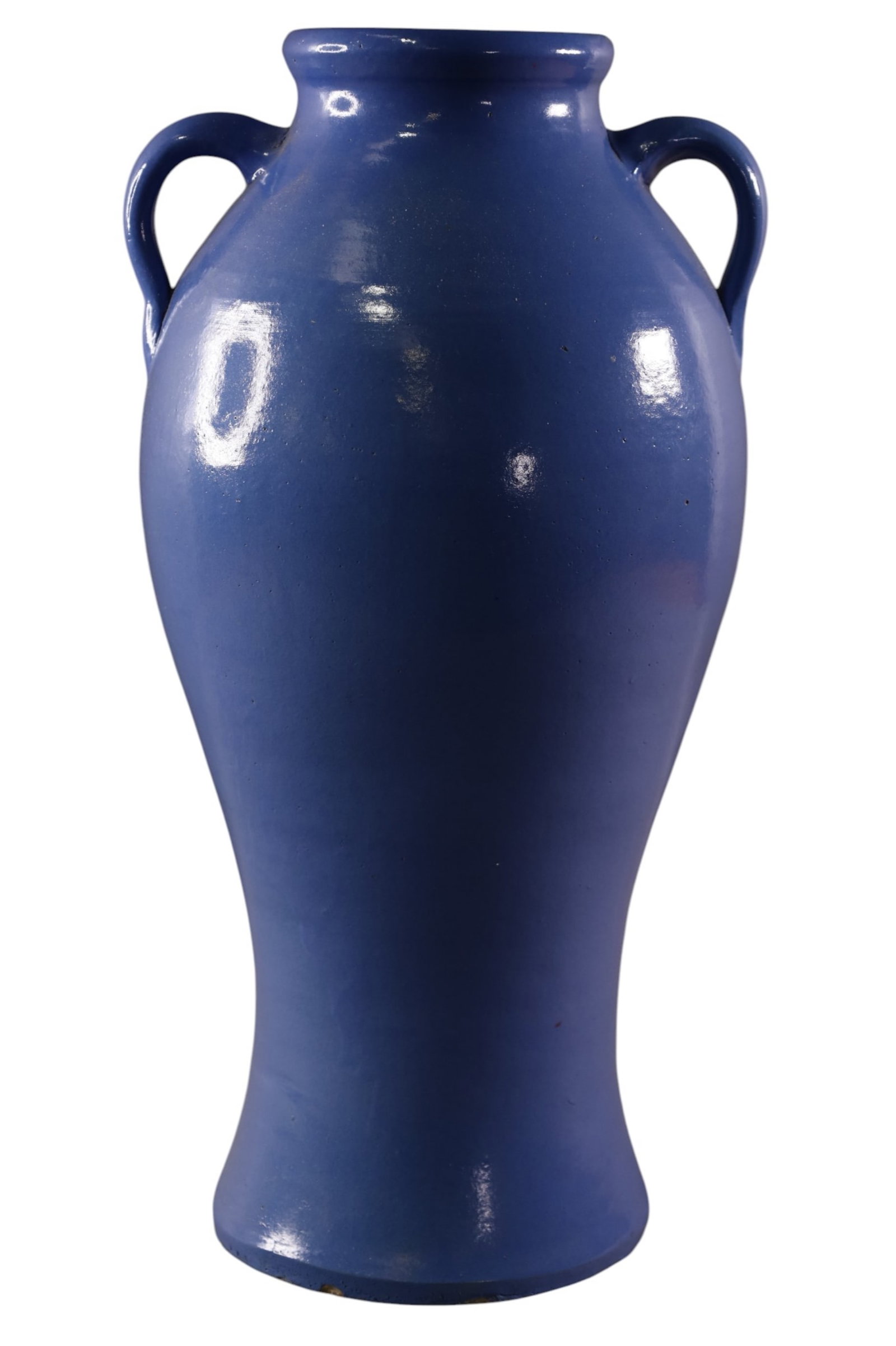 POTTERY VASE: REBECCA FORM BLUE GLAZED POTTERY VASE, CHIPS TO BASE, 18" H.