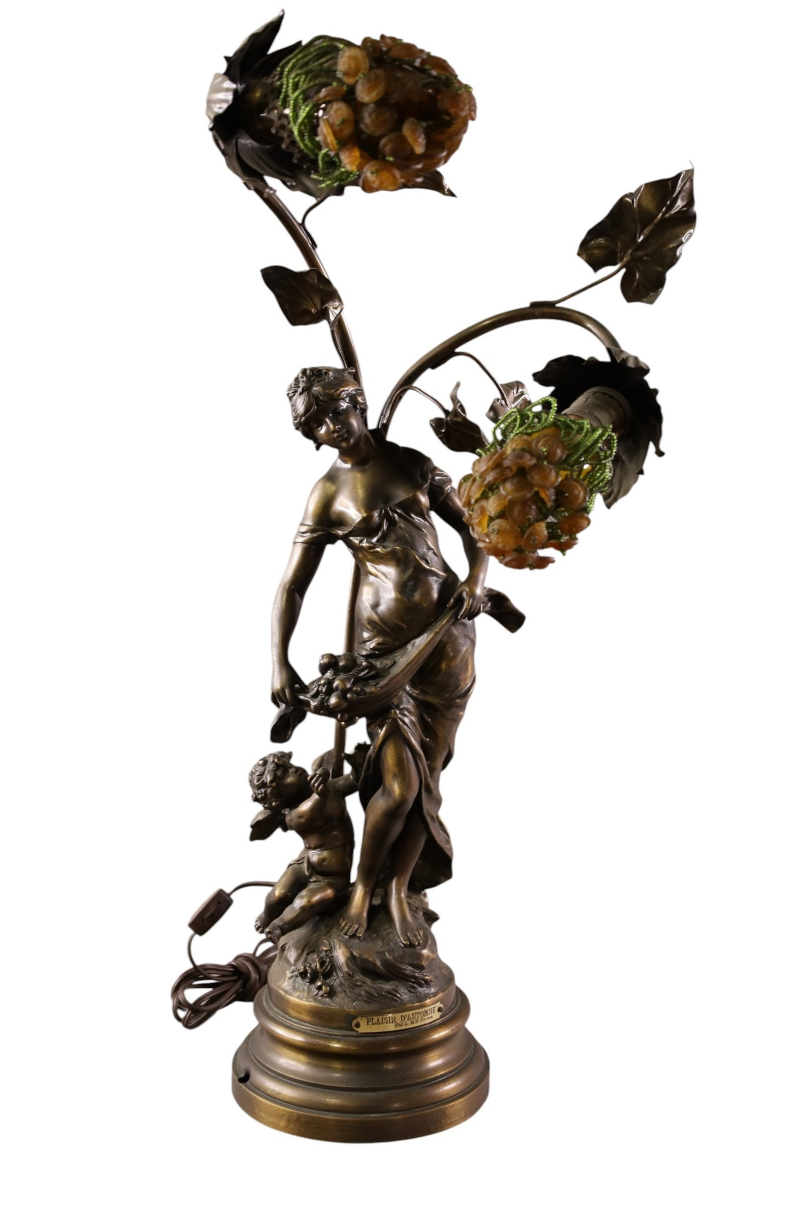ART NOUVEAU SPELTER LAMP: AFTER MOUREAU, FIGURAL ART NOUVEAU LAMP, FLORAL SHADES. 26" H.