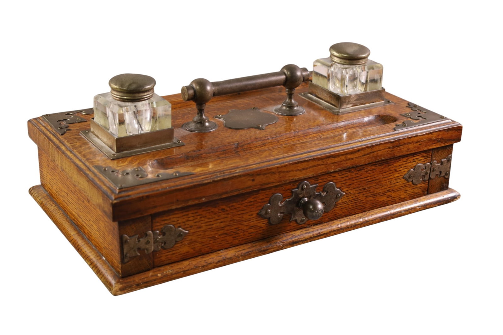OAK INKWELL: LARGE OAK INKWELL, ENGLISH OAK DOUBLE INKWELL, LOWER DRAWER. 17" W x 6 1/2" H.