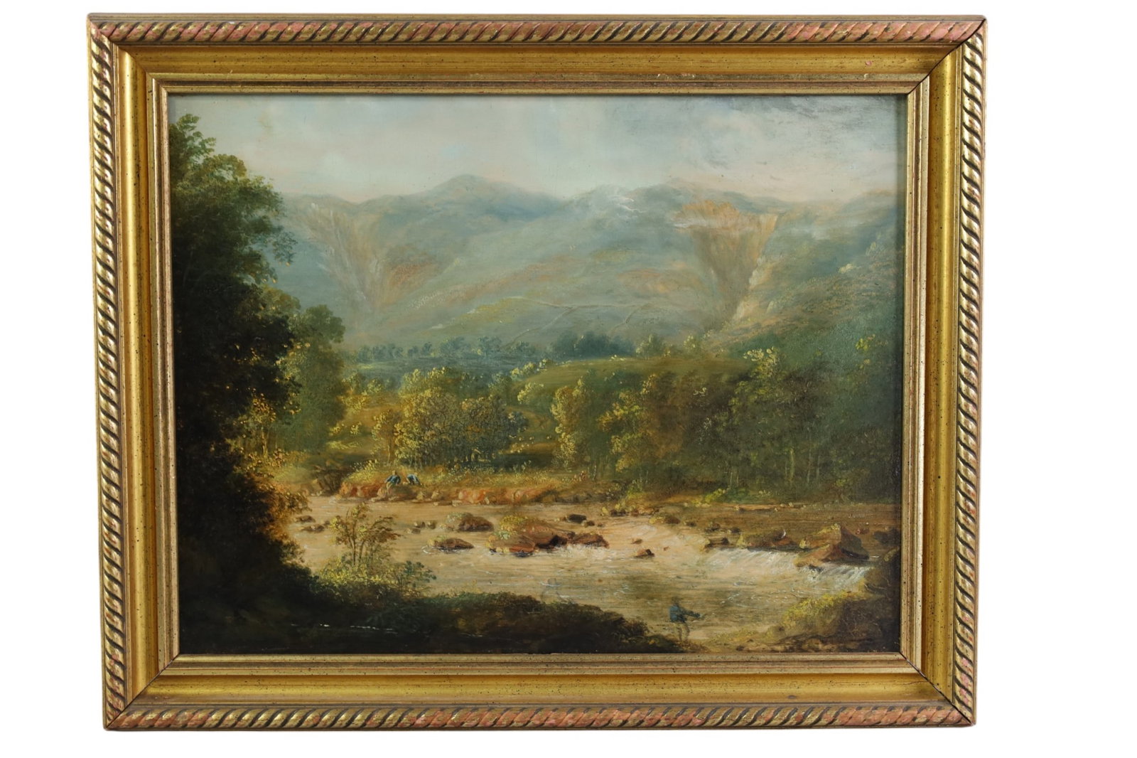 EUROPEAN LANDSCAPE: OIL ON BOARD, UNSIGNED EUROPEAN LANDSCAPE PAINTING. SOME PAINT LOSS TO FRAME. 18" x 15" IN FRAME