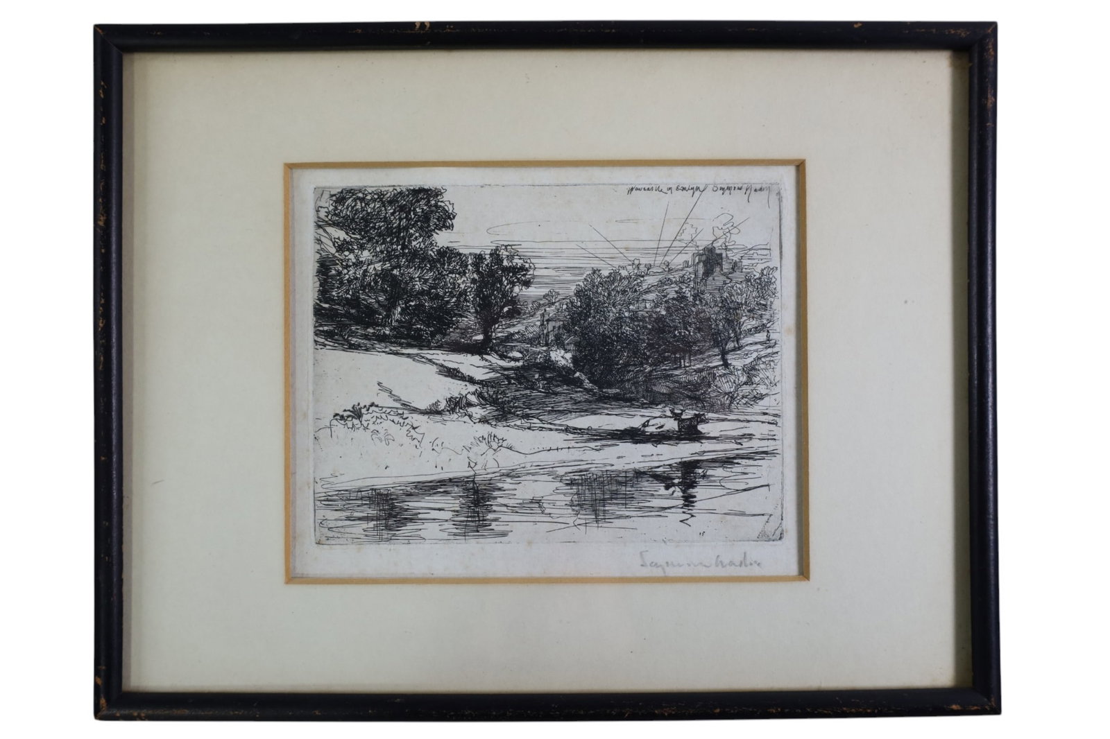 SIR FRANCIS SEYMOUR HAYDEN ETCHING: SMALL FRAMED ETCHING, PASTORAL SCENE. 6" x 5" & 11" x 9" IN FRAME.