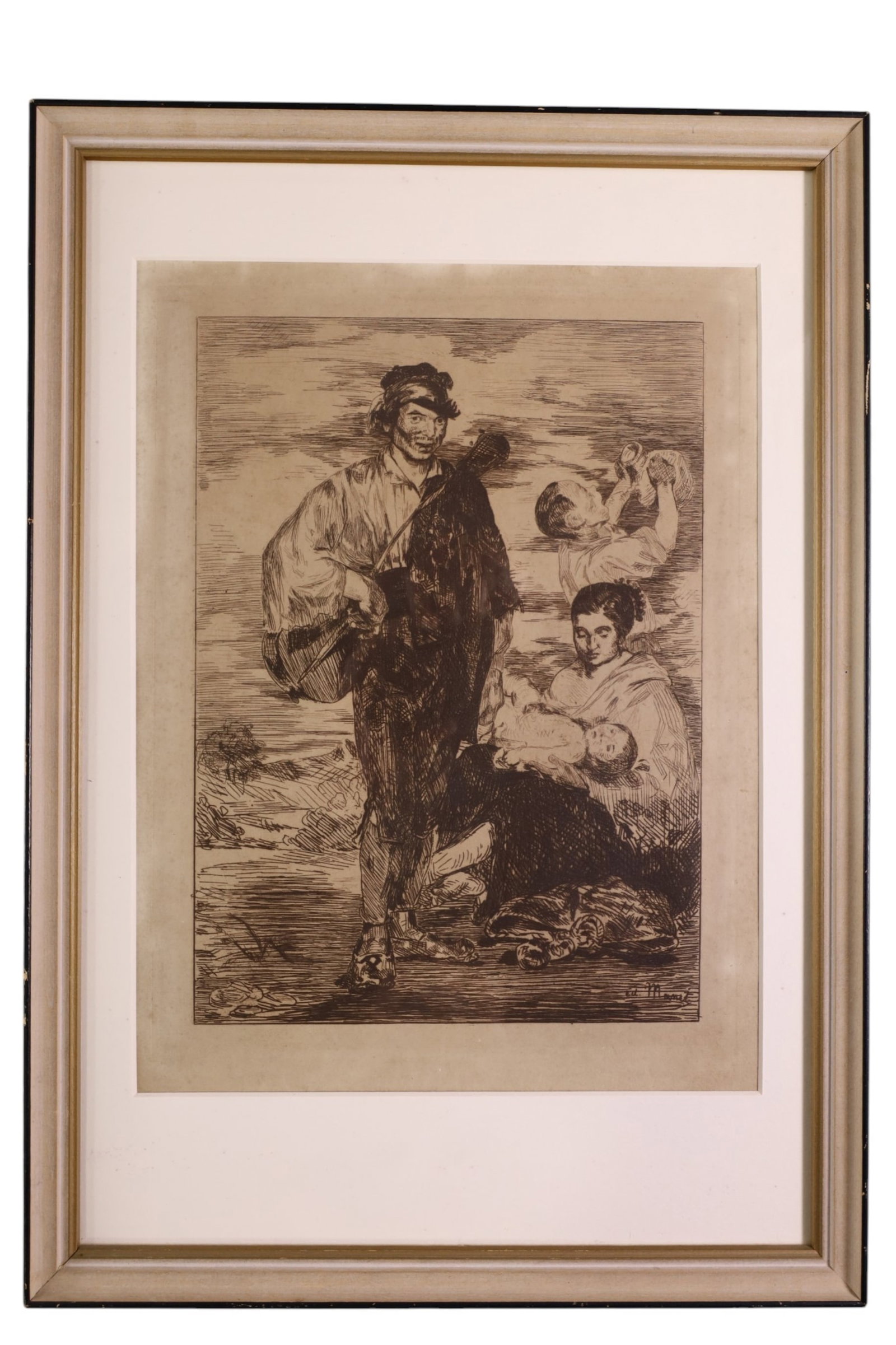 EDOUARD MANET ETCHING: TITLED THE GYPSIES, FRENCH ETCHING, EDOUARD MANET. 13" x 18 1/2" IN FRAME