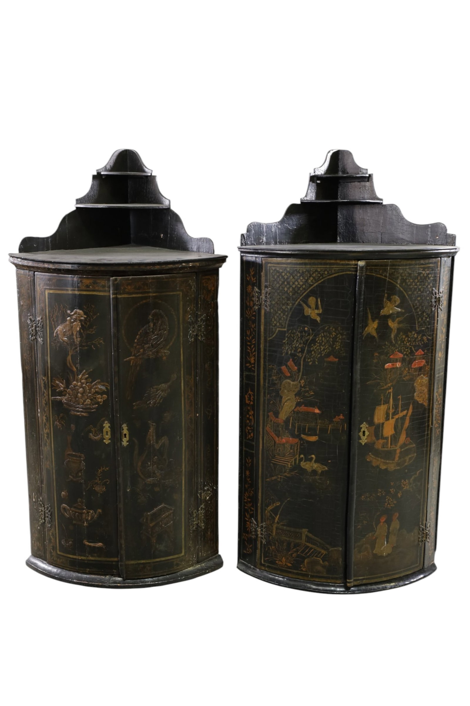 PAIR OF VICTORIAN CORNER CUPBAORDS: PAIR OF VICTORIAN HAND PAINTED CHINOISERIE LACQUERED CORNER CUPBOARDS. SOME LOSS TO FINISH. 23" W x 15" D x 47" H. THIS ITEM EXCEEDS SIZE LIMITATIONS FOR IN HOUSE SHIPPING, MUST BE PICKED UP IN HOUSE