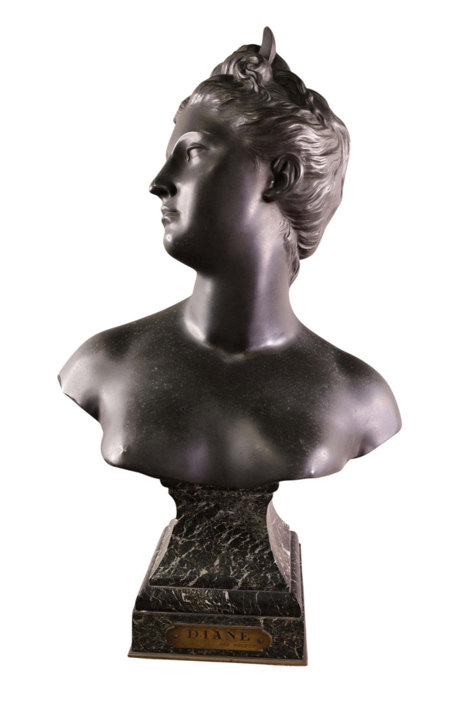 LARGE BRONZE BUST: LARGE BRONZE BUST OF WOMAN. ON MARBLE BASE. MARKED WITH PLAQUE. 24 1/2" H. THIS ITEM EXCEEDS SIZE LIMITATIONS FOR IN HOUSE SHIPPING, MUST BE PICKED UP IN HOUSE OR SHIPPED VIA 3rd PARTY GROUND SHIPPER.