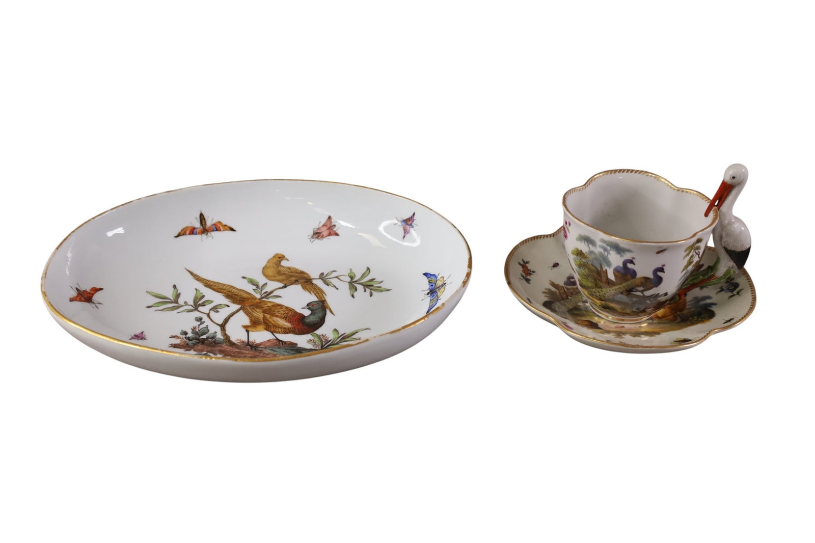 2 PCS OF MEISSEN PORCELAIN: PHEASANT PLATTER, & CUP AND SAUCER, TURKEY AND STORK DESIGNED. CHIP TO SAUCER. 11" W.