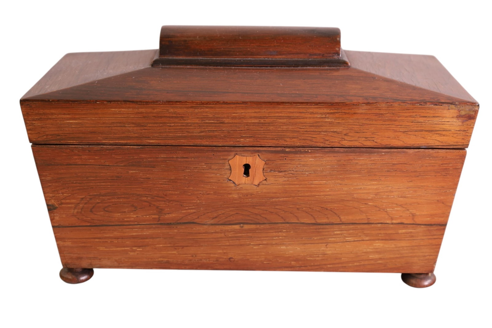 19TH CENTURY TEA CADDY: ENGLISH TEA CADDY, MISSING INTERIOR JAR. 12" W x 7" H.