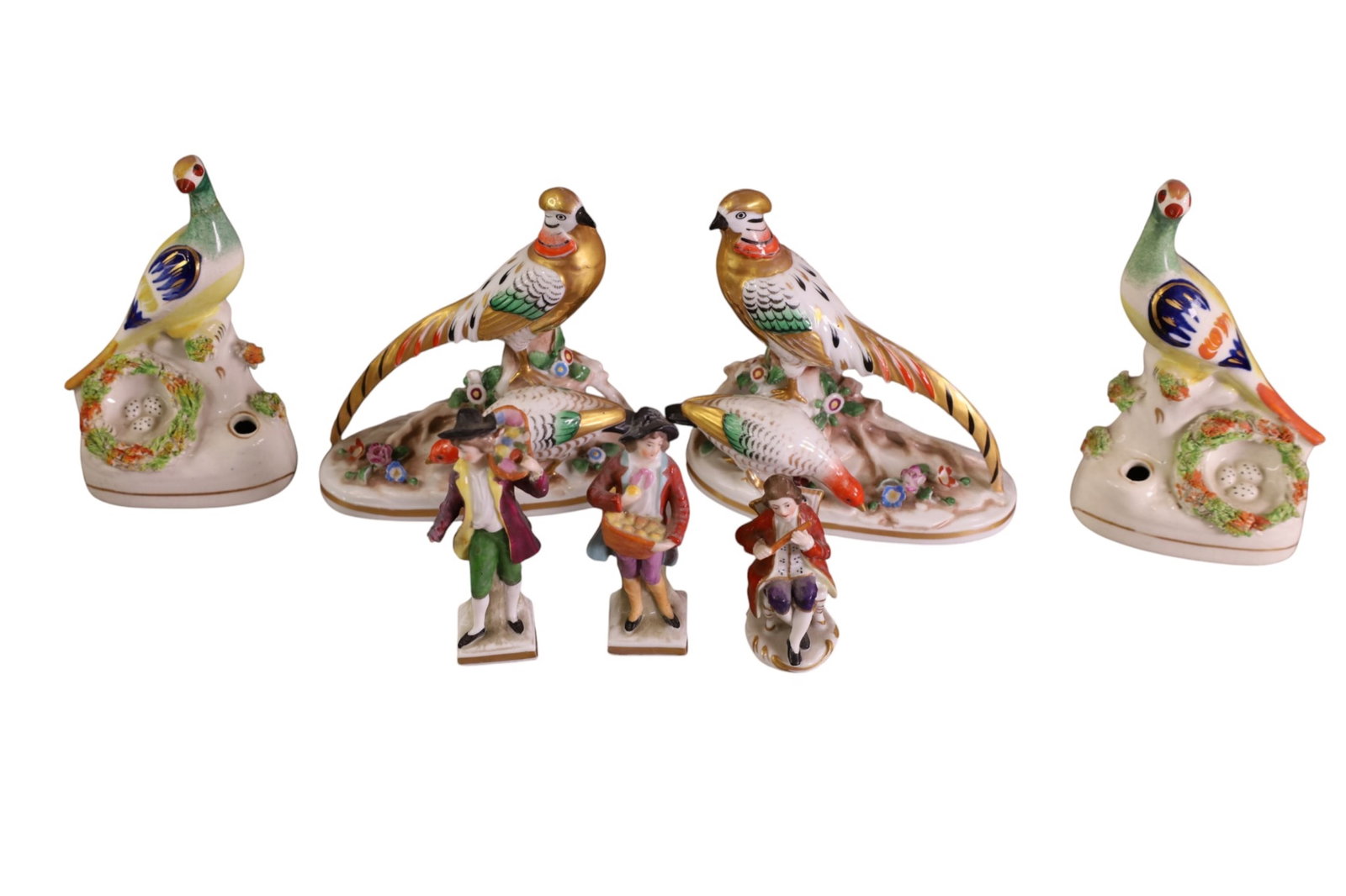 7 PORCELAIN FIGURES: 4 BIRDS & 3 FIGURES, PORCELAIN FIGURES. UNMARKED PORCELAIN. 3" - 5" H.