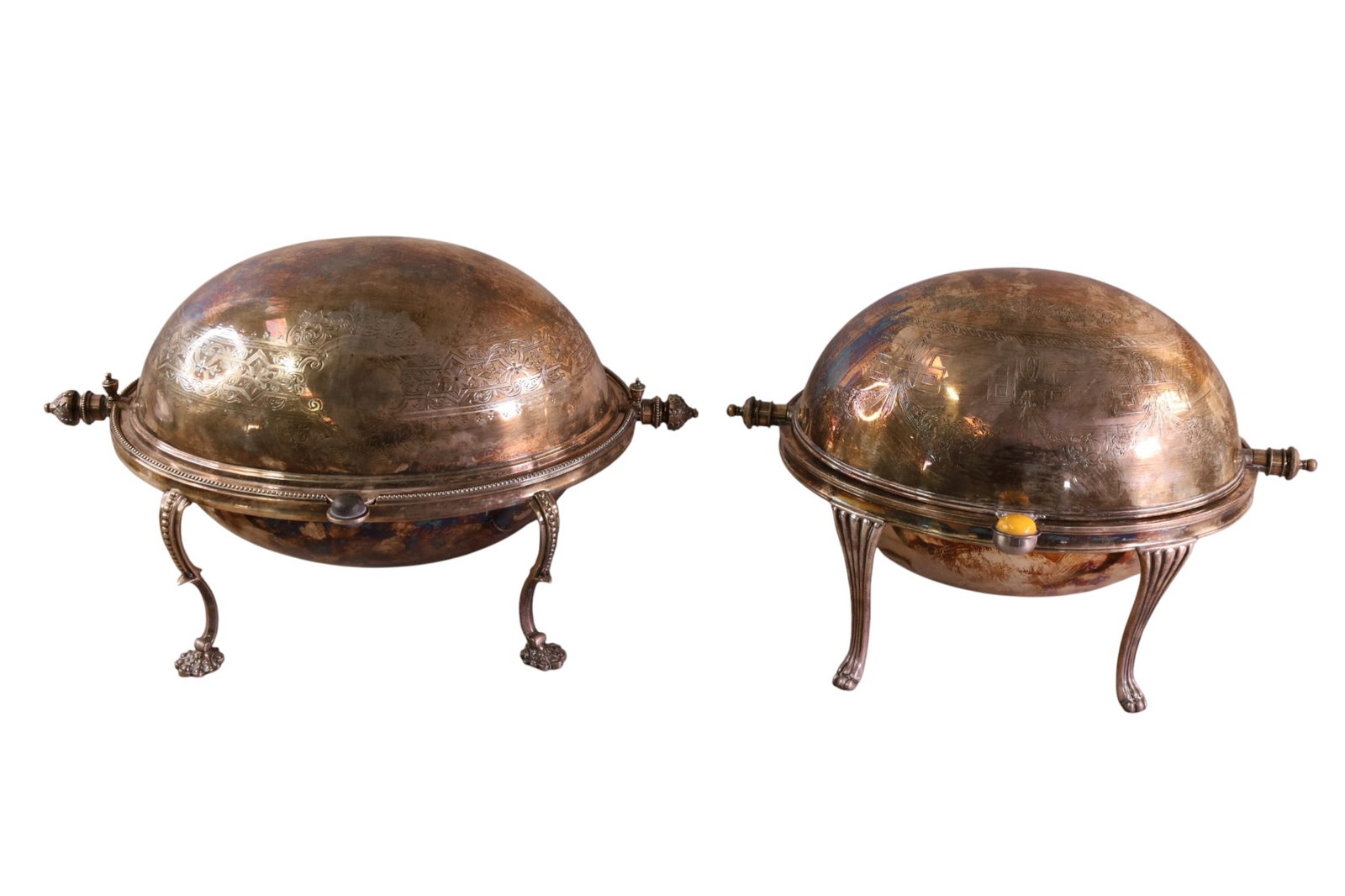 2 SILVERPLATE DOME TOP DISHES: 2 FOOTED SILVERPLATED COVERED DISHES. 8" H.