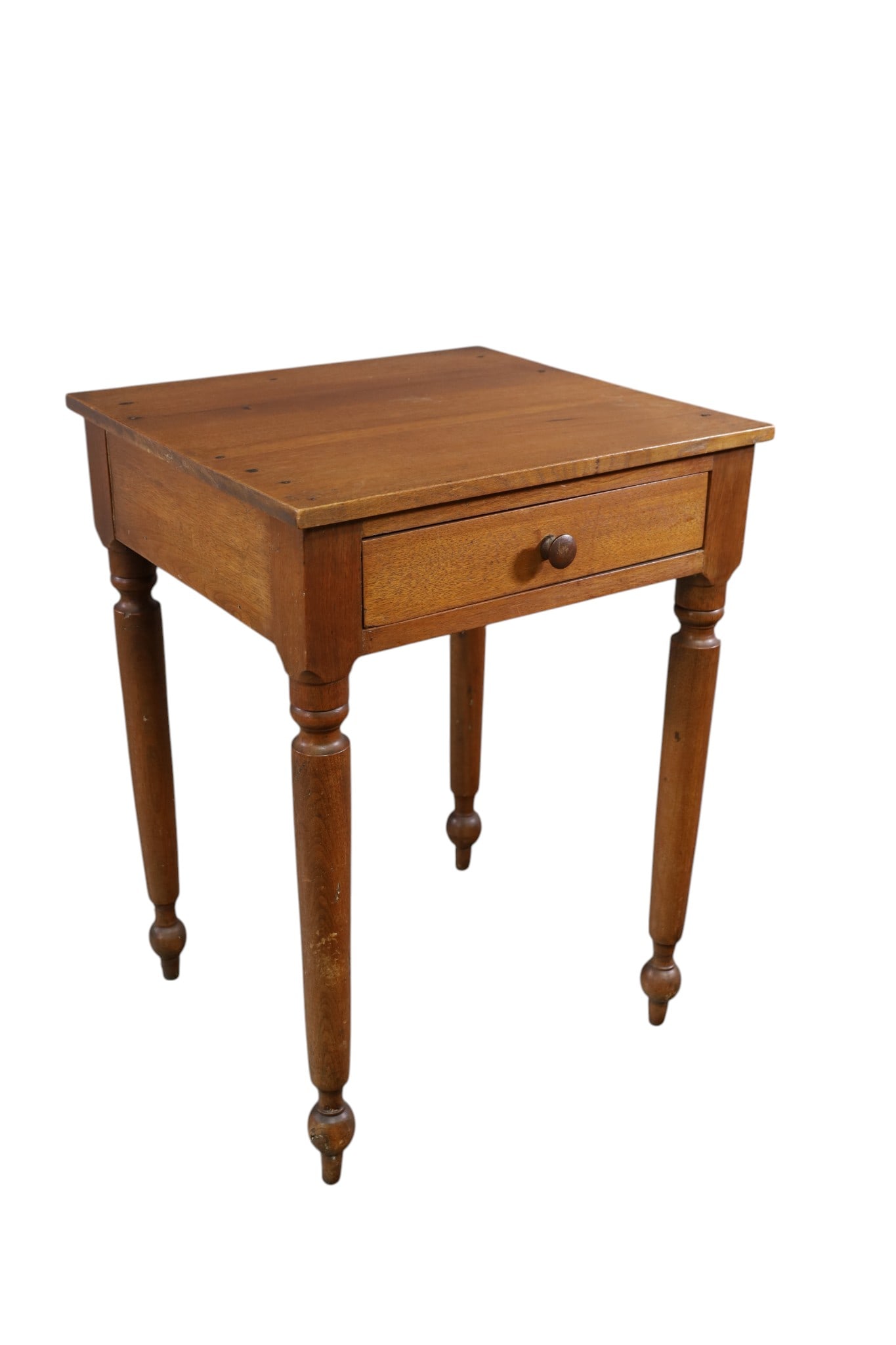 19TH CENTURY SINGLE DRAWER WORK TABLE: EARLY AMERICAN SINGLE DRAWER WORK TABLE, 21" W x 19" D x 28" H. THIS ITEM EXCEEDS SIZE LIMITATIONS FOR IN HOUSE SHIPPING, MUST BE PICKED UP IN HOUSE OR SHIPPED VIA 3rd PARTY GROUND SHIPPER.