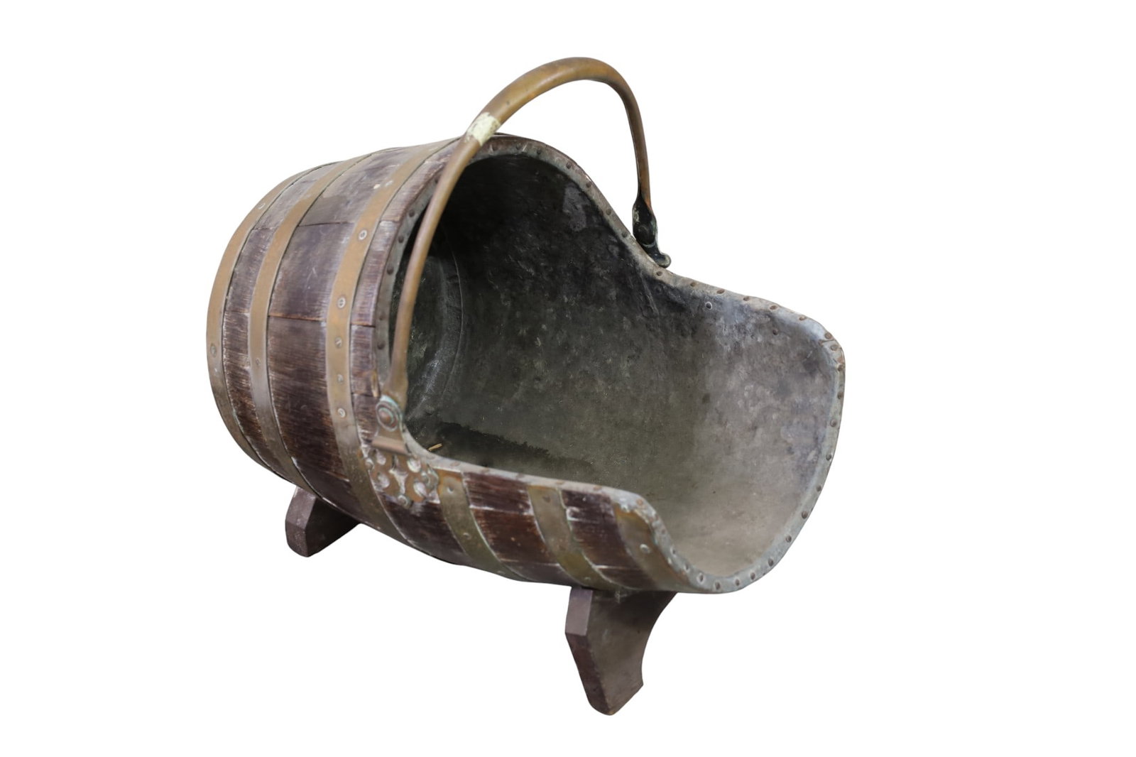 COAL SCUTTLE: BARREL FORM COAL SCUTTLE, WITH HANDLE, NO SCOOP. 13" W x 18" H. THIS ITEM EXCEEDS SIZE LIMITATIONS FOR IN HOUSE SHIPPING, MUST BE PICKED UP IN HOUSE OR SHIPPED VIA 3rd PARTY GROUND SHIPPER.