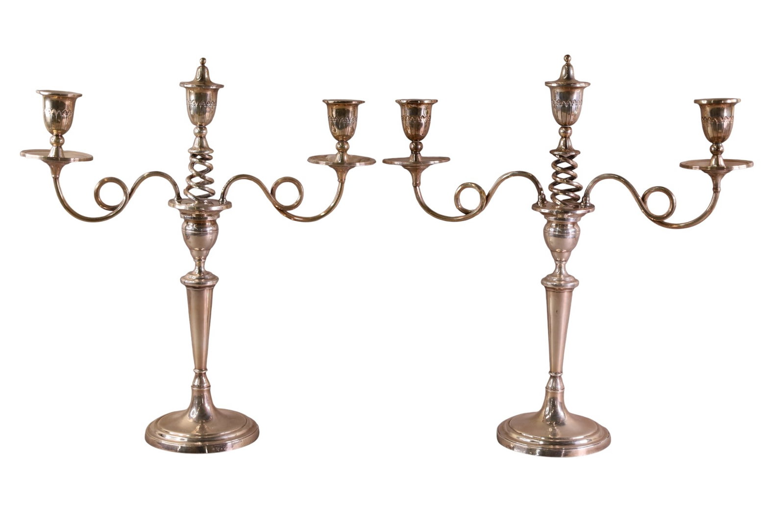 PAIR OF SILVERPLATED CANDELABRAS: PAIR OF SILVERPLATED CANDLESTICKS, DOUBLE ARM. UNMARKED. 16" W x 19" H.