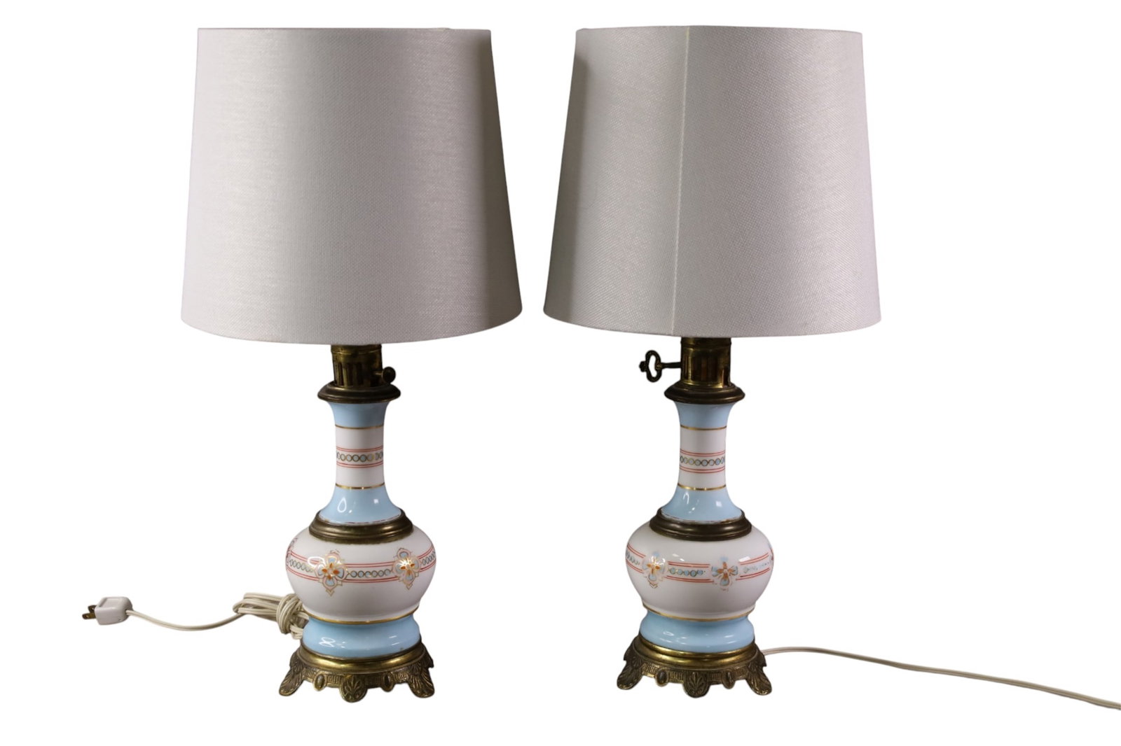 PAIR OF FRENCH TABLE LAMPS: PAIR OF FRENCH PORCELAIN TABLE LAMPS, 21" H.