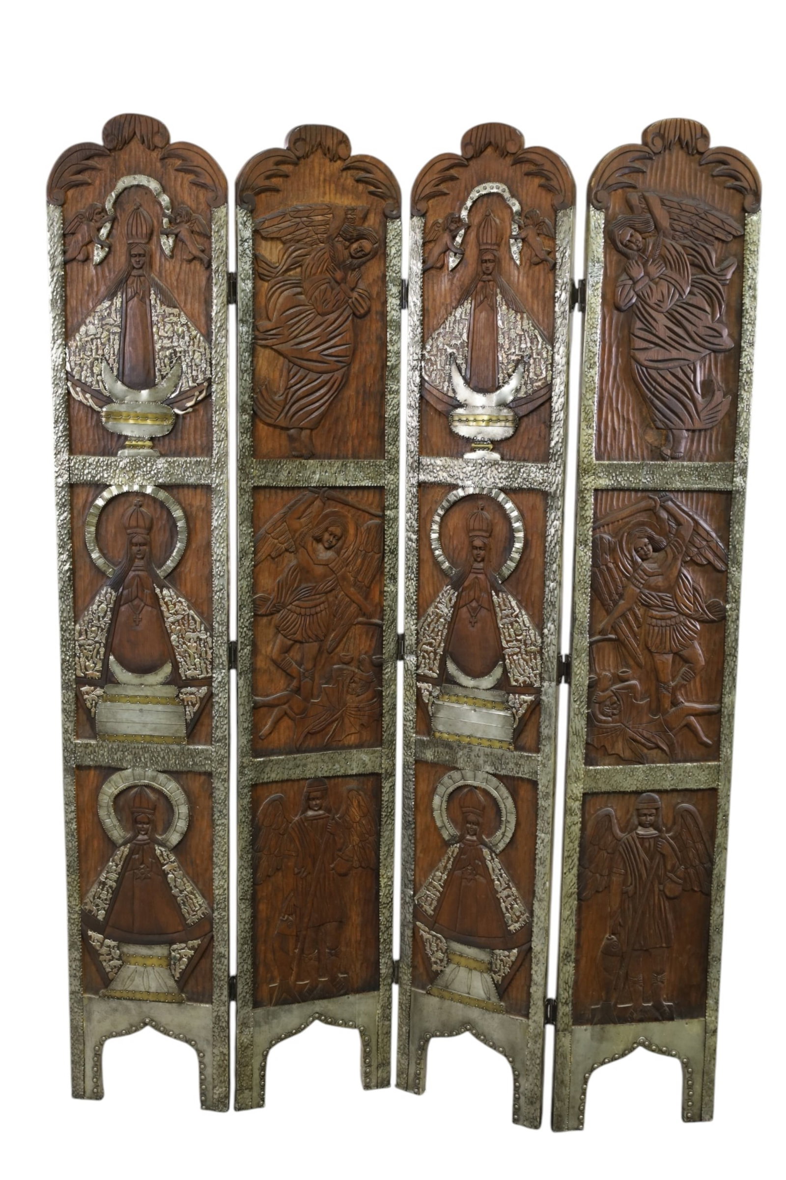 CARVED MEXICAN RELIGIOUS 4 PANEL SCREEN: 4 PANEL CARVED SCREEN WITH SILVERED ACCENTS, 44" W x 68" H. THIS ITEM EXCEEDS SIZE LIMITATIONS FOR IN HOUSE SHIPPING, MUST BE PICKED UP IN HOUSE OR SHIPPED VIA 3rd PARTY GROUND SHIPPER.
