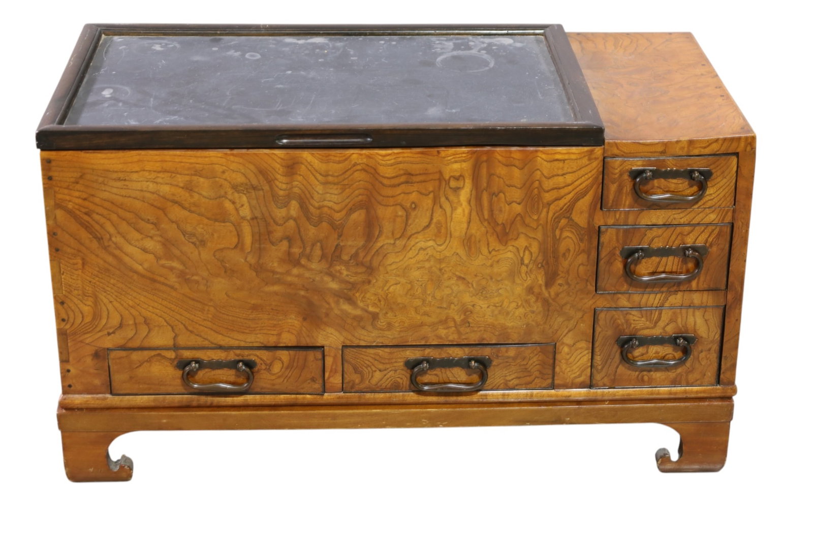 JAPANESE HIBACHI: JAPANESE HIBACHI ON STAND, WITH HINGED STONE TOP. 33" W x 16" D x 19" H. THIS ITEM EXCEEDS SIZE LIMITATIONS FOR IN HOUSE SHIPPING, MUST BE PICKED UP IN HOUSE OR SHIPPED VIA 3rd PARTY GROUND SHIPPER.