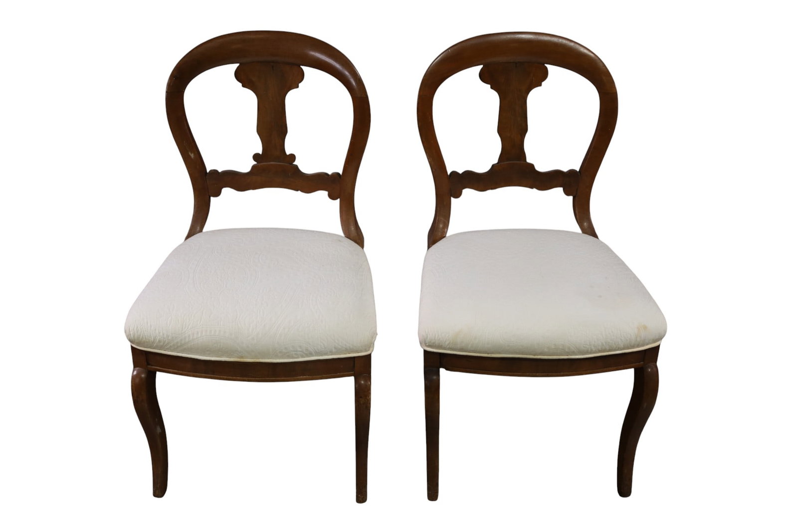 PAIR OF VICTORIAN CHAIRS: PAIR OF VICTORIAN HOOP BACK CHAIRS, STAINS. 19" W x 17" D x 33" H. THIS ITEM EXCEEDS SIZE LIMITATIONS FOR IN HOUSE SHIPPING, MUST BE PICKED UP IN HOUSE OR SHIPPED VIA 3rd PARTY GROUND SHIPPER.