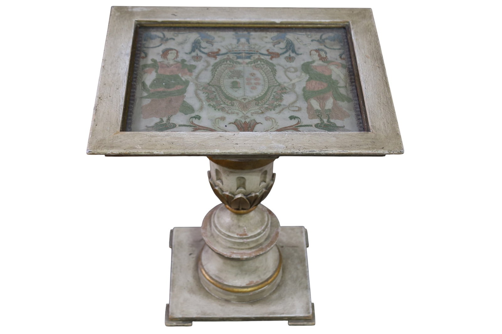 ITALIAN SIDE TABLE: PAINTED FINISH, INSET NEEDLEPOINT ITALIAN SIDE TABLE, GLASS TOP. WEAR TO FINISH. 15" W X 13" D x 17" H. THIS ITEM EXCEEDS SIZE LIMITATIONS FOR IN HOUSE SHIPPING, MUST BE PICKED UP IN HOUSE OR SHIPPED