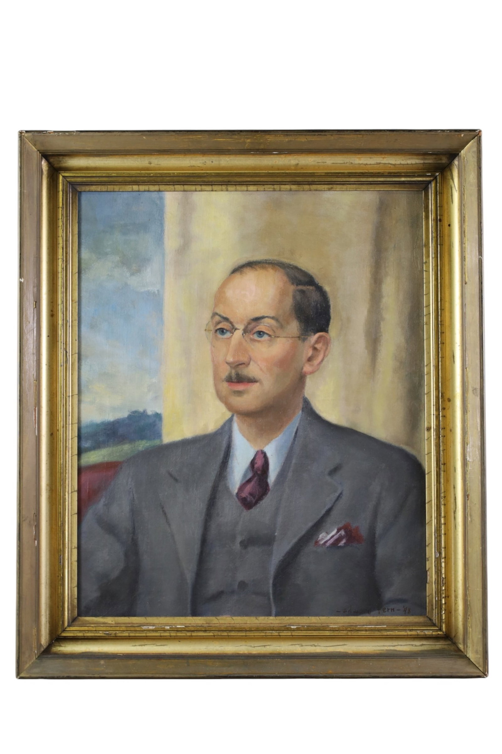 PORTRAIT PAINTING: OIL ON CANVAS, IN GILT FRAME, SIGNED LOWER RIGHT, EDWARD FERN. DATED '48. 24" x 28" IN FRAME