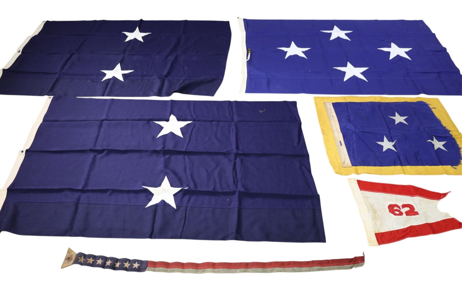 6 MILITARY FLAGS: 2,3, & 4 ATAR ADMIRAL FLAGS, WWII 7 STAR US NAVY COMMISSION PENNANT FLAG.. SOME TEARS, AND WEAR.