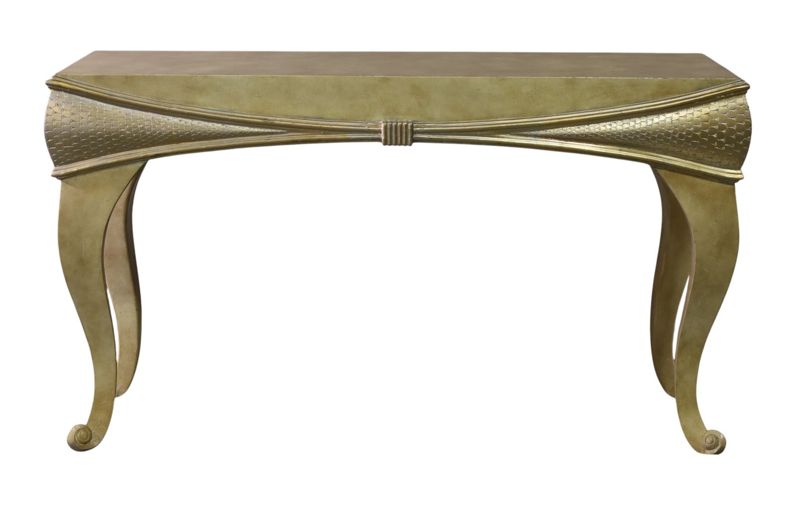 HOLLYWOOD REGENCY CONSOLE TABLE: PAINTED FINISH CONSOLE TABLE, HOLLYWOOD REGENCY. WEAR TO FINISH. 60" W x 19" D x 34 1/2" H. THIS ITEM EXCEEDS SIZE LIMITATIONS FOR IN HOUSE SHIPPING, MUST BE PICKED UP IN HOUSE OR SHIPPED VIA 3rd PART