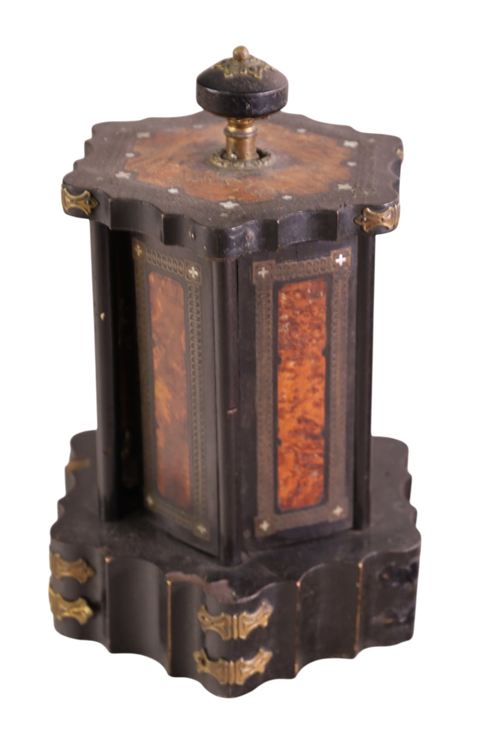 VICTORIAN LIPSTICK HOLDER: EBONIZED AND BURLED VICTORIAN LIPSTICK HOLDER, VENEER DAMAGE, WEAR TO FINISH. 10" H.