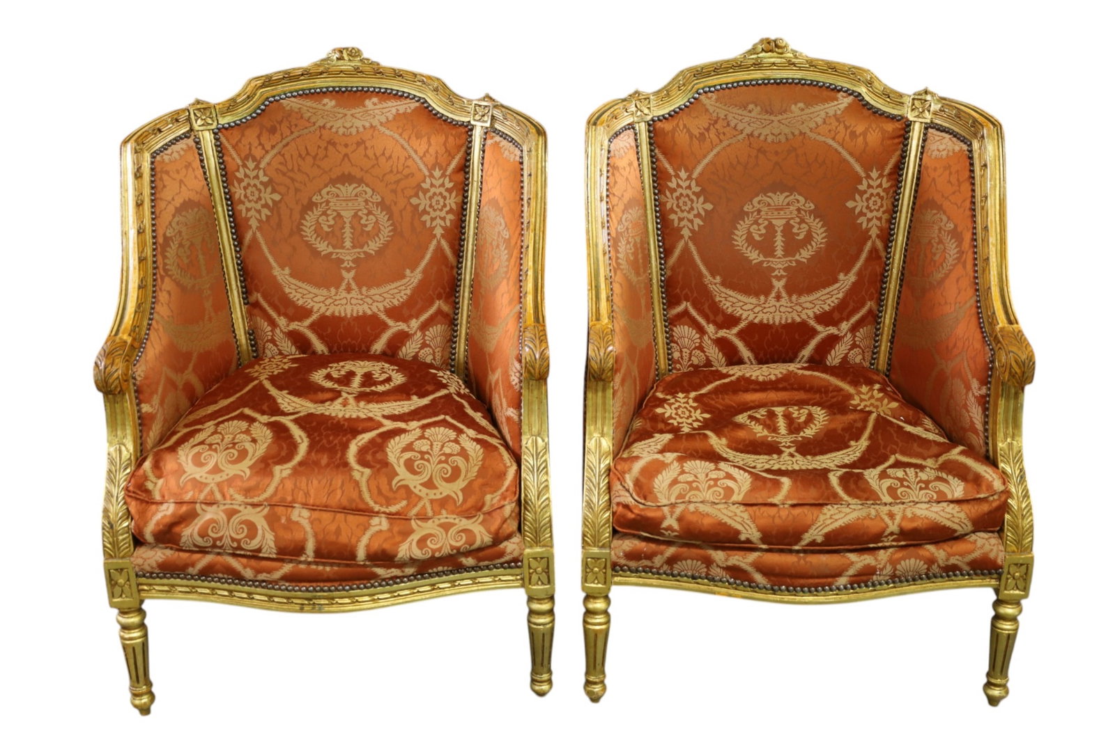 PAIR OF FRENCH STYLE PARLOR CHAIRS: PAIR OF GILT WOOD FRENCH STYLE PARLOR CHAIRS, GOLD GILT FINISH, SOME FINISH WEAR 28" W x 23" D x 40" H. THIS ITEM EXCEEDS SIZE LIMITATIONS FOR IN HOUSE SHIPPING, MUST BE PICKED UP IN HOUSE OR SHIPPED