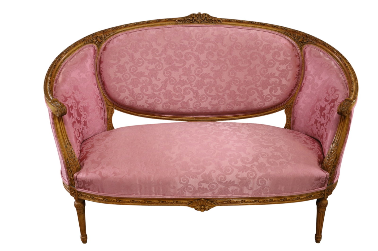 FRENCH SETTEE: NEWLY UPHOLSTERED FRENCH SETTEE, MINOR FINISH WEAR TO FRAME. 55" W x 23" D x 39" H. THIS ITEM EXCEEDS SIZE LIMITATIONS FOR IN HOUSE SHIPPING, MUST BE PICKED UP IN HOUSE OR SHIPPED VIA 3rd PARTY