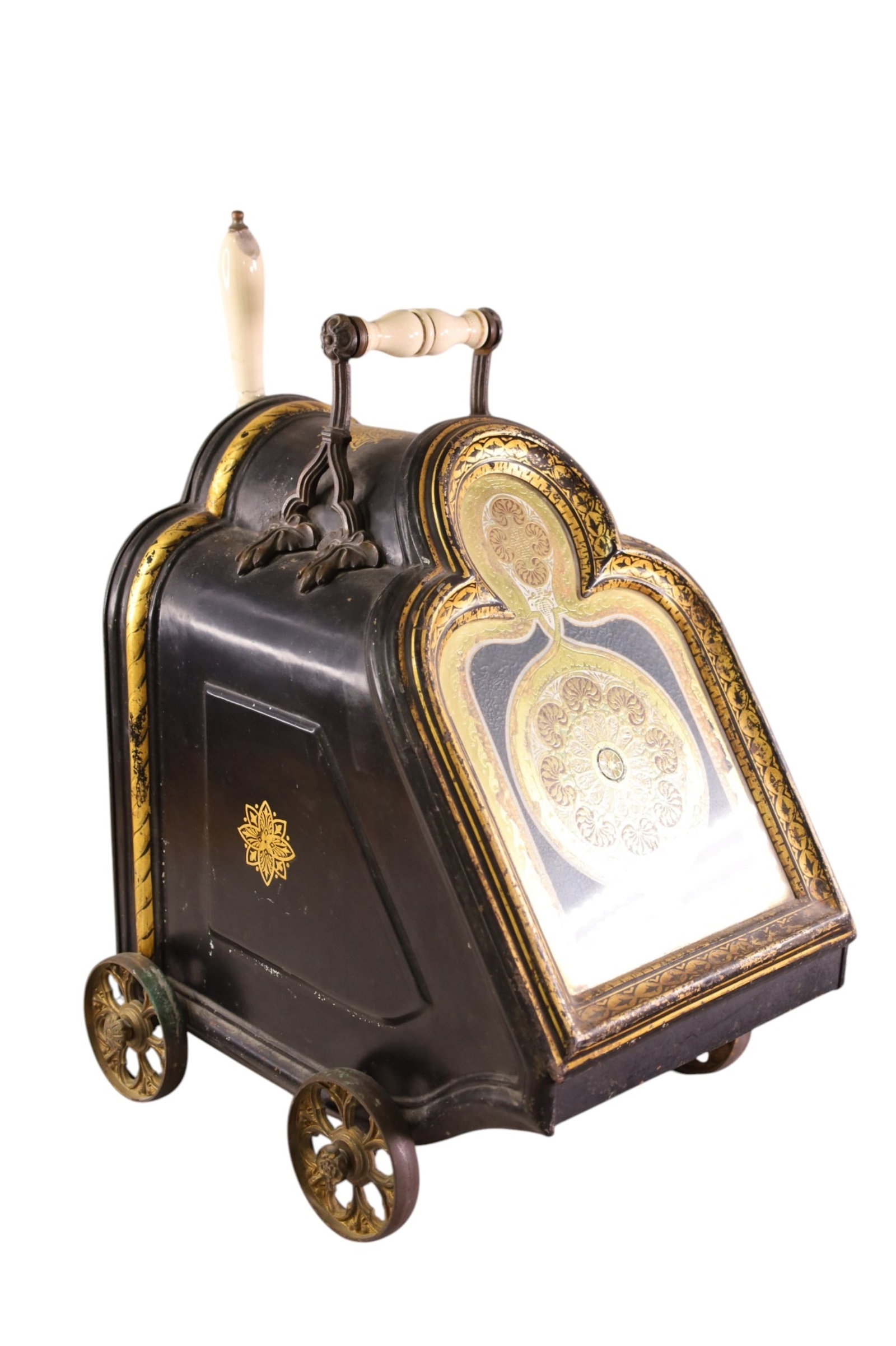 VICTORIAN COAL SCUTTLE: REVERSE PAINTED FRONT LID, WITH SCOOP. DAMAGE TO HANDLE OF SCOOP. 12" W x 17" D. x 22" H. THIS ITEM EXCEEDS SIZE LIMITATIONS FOR IN HOUSE SHIPPING, MUST BE PICKED UP IN HOUSE OR SHIPPED VIA 3rd PARTY