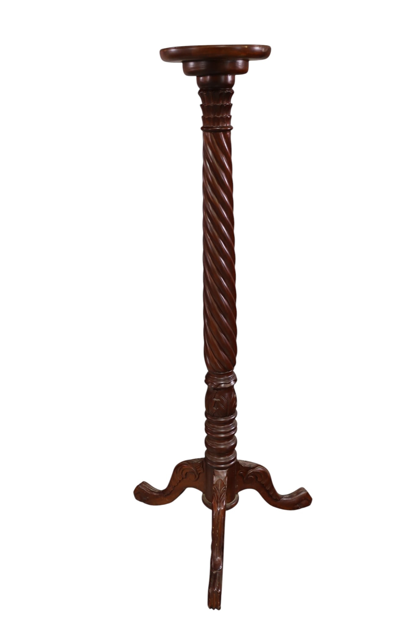 MAHOGANY CANDLE STAND: LARGE REPRODUCTION MAHOGANY CANDLE STAND, 10 DIAM x 52" H. THIS ITEM EXCEEDS SIZE LIMITATIONS FOR IN HOUSE SHIPPING, MUST BE PICKED UP IN HOUSE OR SHIPPED VIA 3rd PARTY GROUND SHIPPER.