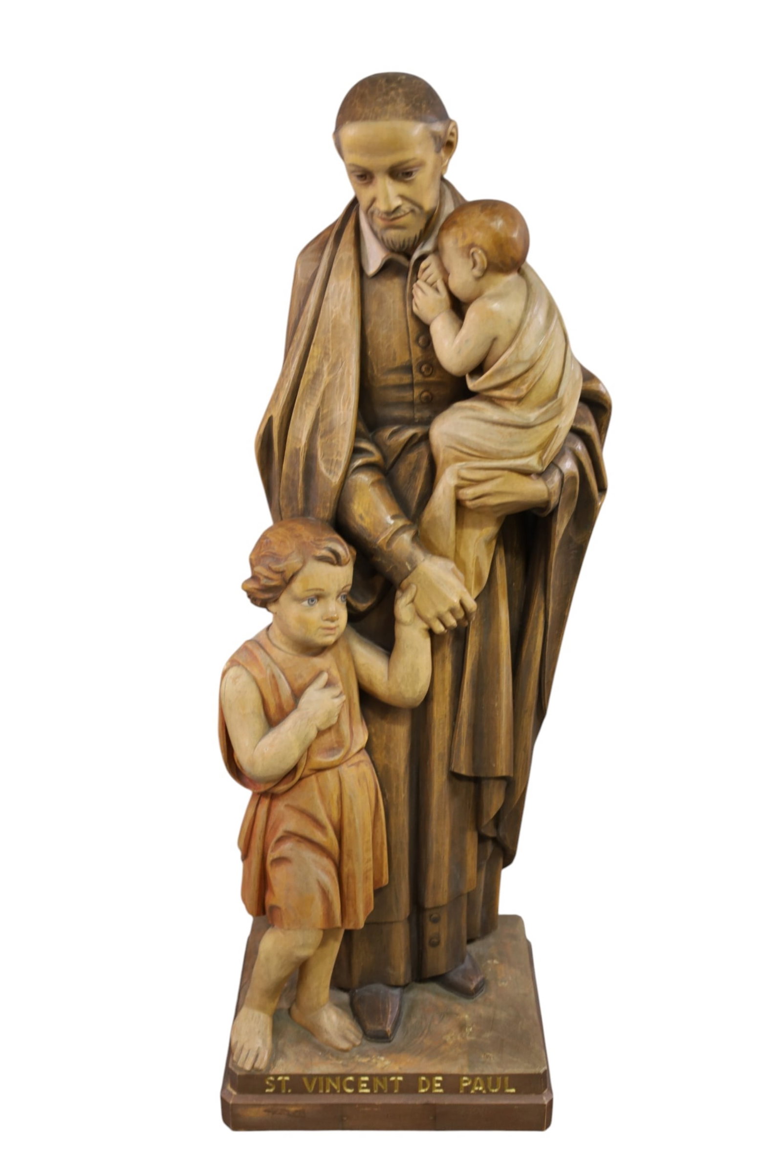 RELIGIOUS FIGURE: CARVED WOOD RELIGIOUS FIGURE, 43" H. THIS ITEM EXCEEDS SIZE LIMITATIONS FOR IN HOUSE SHIPPING, MUST BE PICKED UP IN HOUSE OR SHIPPED VIA 3rd PARTY GROUND SHIPPER.