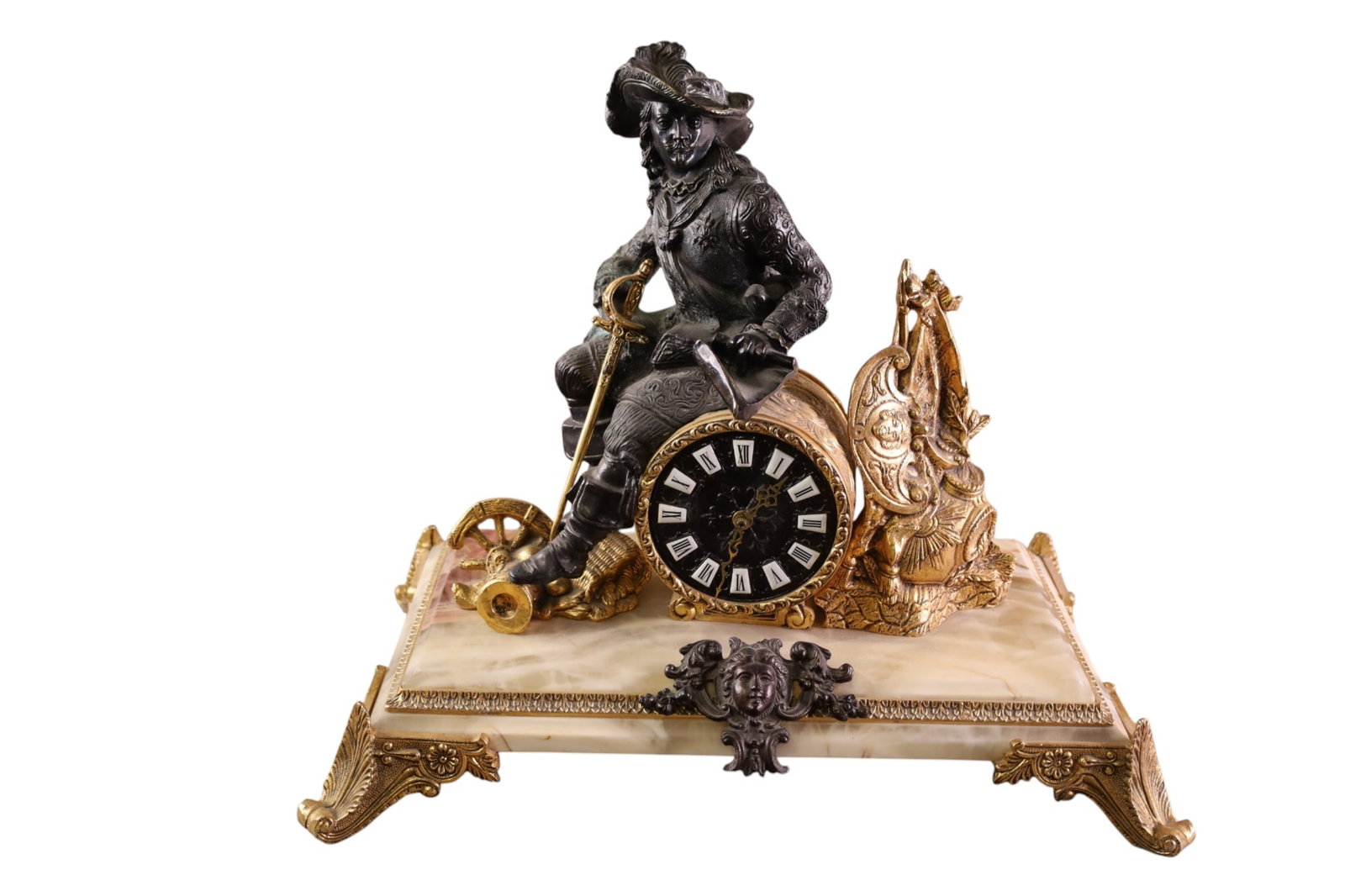 LARGE FIGURAL MANTLE CLOCK: LAREG CAVALIER MANTLE CLOCK, BRONZE AND SPELTER. BATTERY OP WORKS. 19" W x 12" D x 18" H. THIS ITEM EXCEEDS SIZE LIMITATIONS FOR IN HOUSE SHIPPING, MUST BE PICKED UP IN HOUSE OR SHIPPED VIA 3rd PARTY