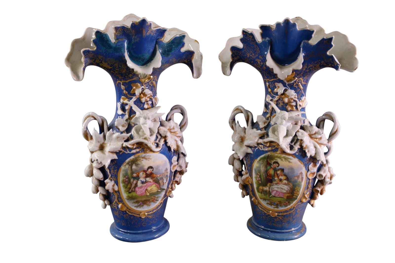 PAIR OF PARIS PORCELAIN VASES: PAIR OF TWO HANDLED, HAND PAINTED PARIS PORCELAIN VASES, REPAIRS TO ONE, SMALL CHIPS TO BOTH. 16" H.