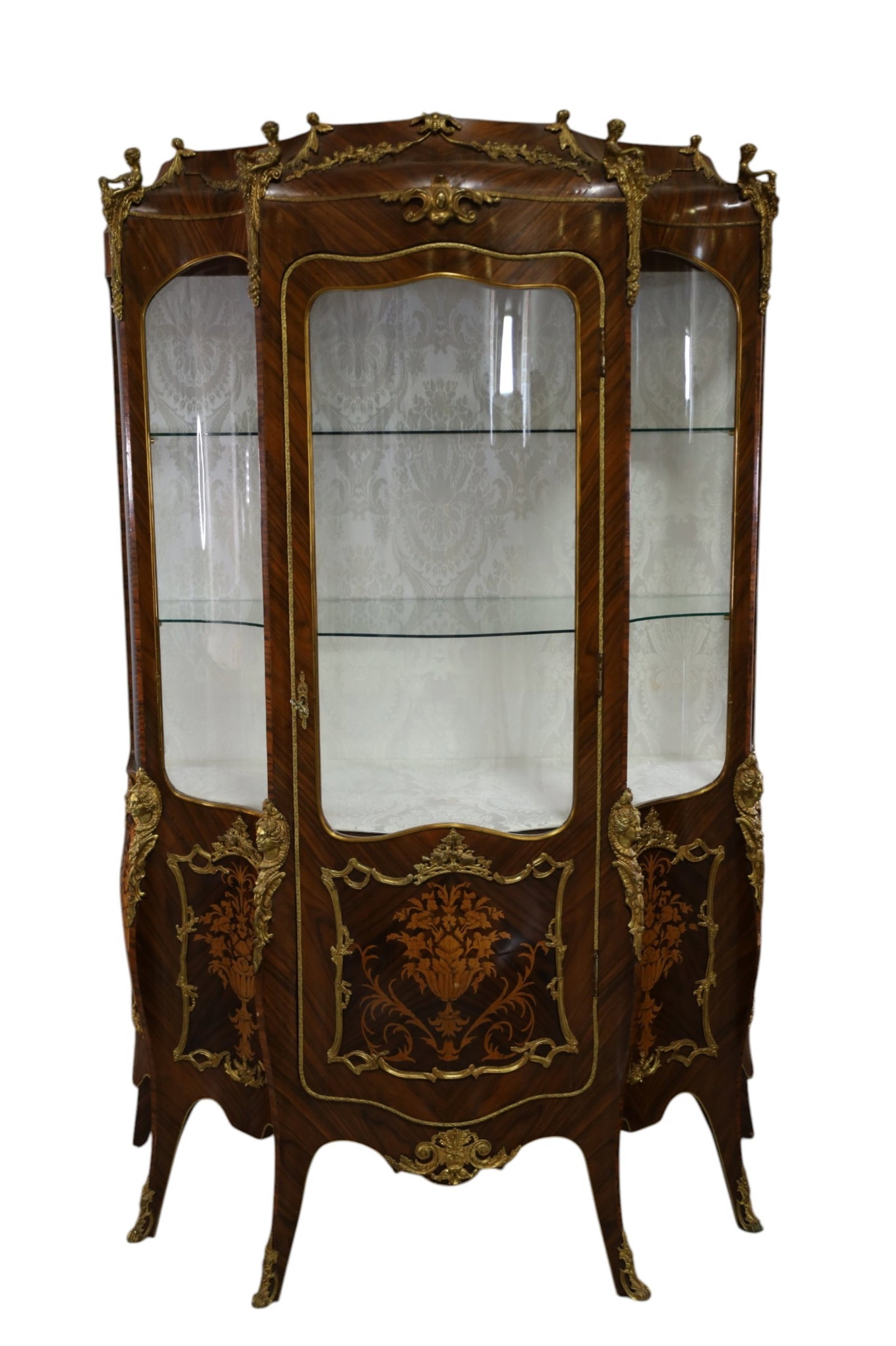 LARGE FRENCH STYLE CURIO: LARGE FRENCH STYLE CURIO CABINET, INLAID WITH BRONZE ORMOLU MOUNTS, 49" W x 24" D x 77" H. THIS ITEM EXCEEDS SIZE LIMITATIONS FOR IN HOUSE SHIPPING, MUST BE PICKED UP IN HOUSE OR SHIPPED VIA 3rd PARTY