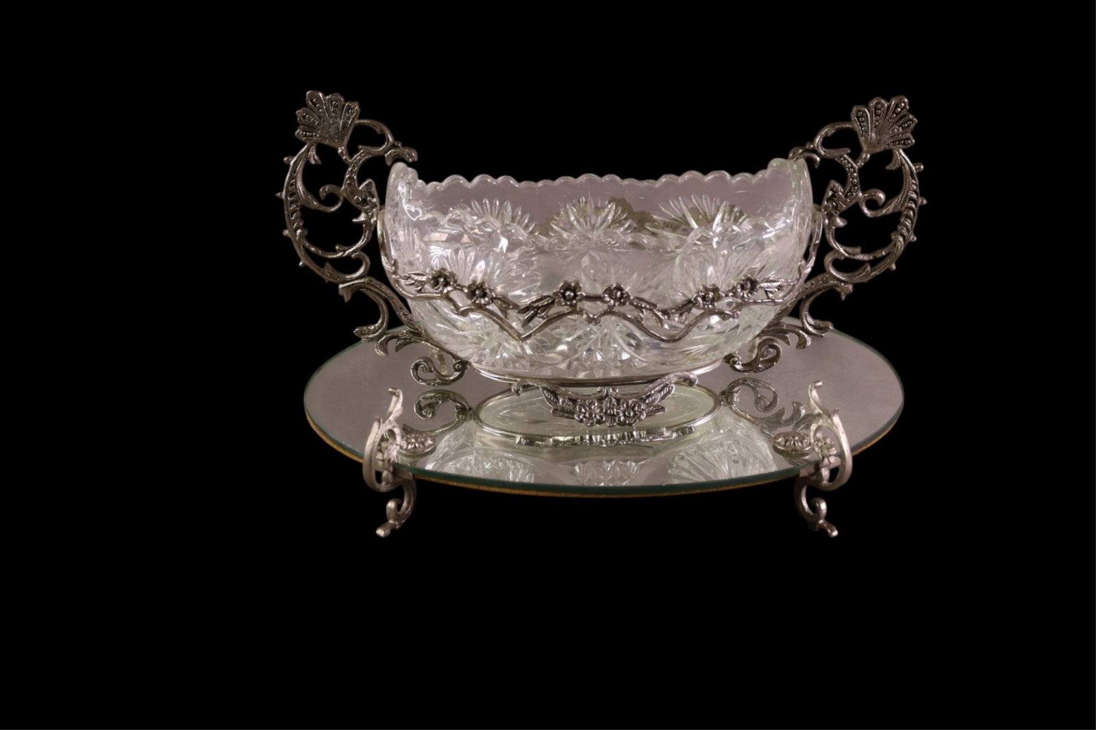 PLATEAU MIRROR: 2 PIECE PLATEAU MIRROR WITH PRESSED GLASS CENTER BOWL, ON FOOTED PLATEAU MIRROR. 15" W.