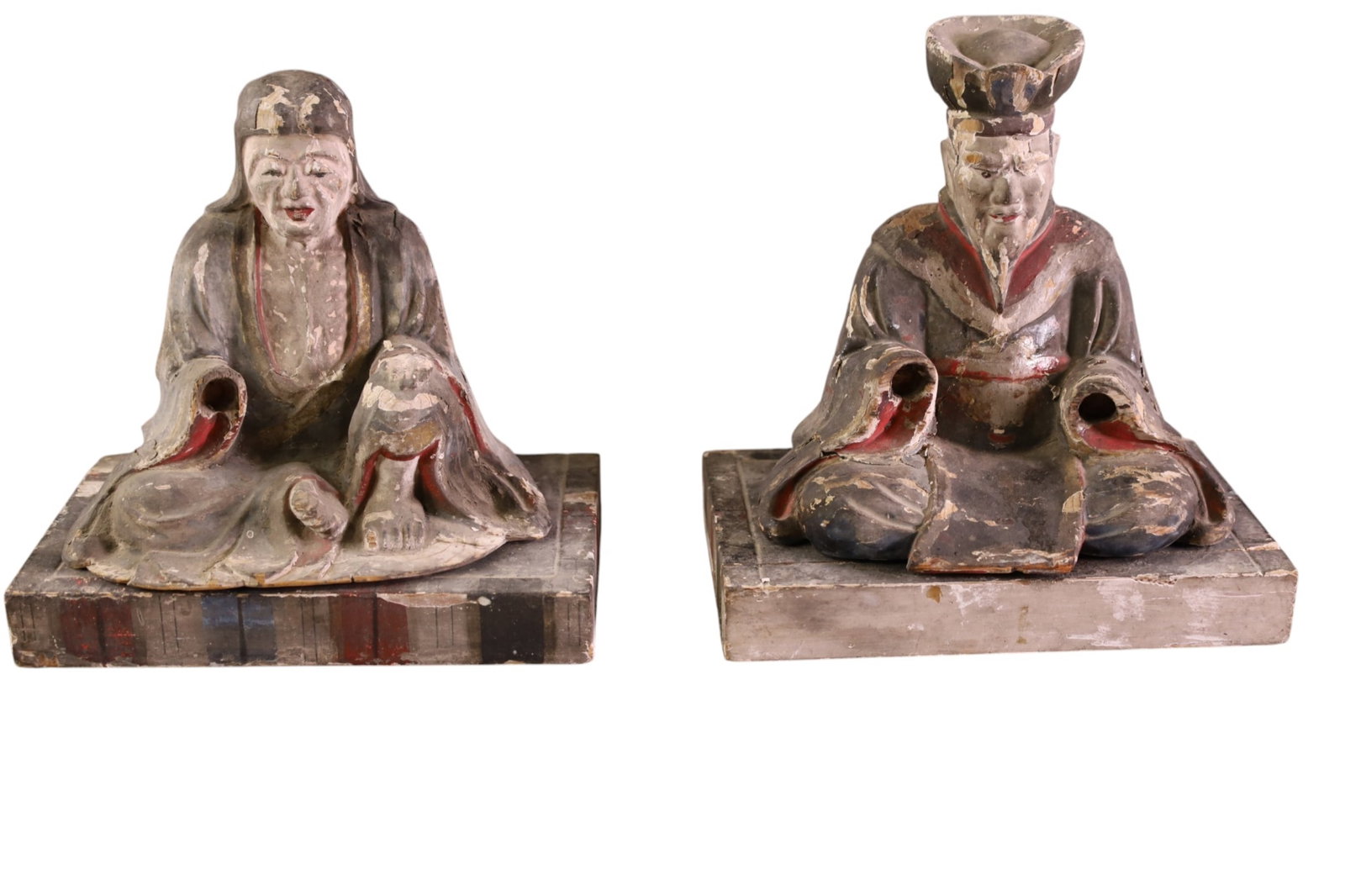 PAIR OF CHINESE WOOD FIGURES: PAIR OF CHINESE BUDDHIST FIGURES, ON BASES. RETAIN ORIGINAL PAINT. SOME CHIPS. MISSING HANDS. 9" H.