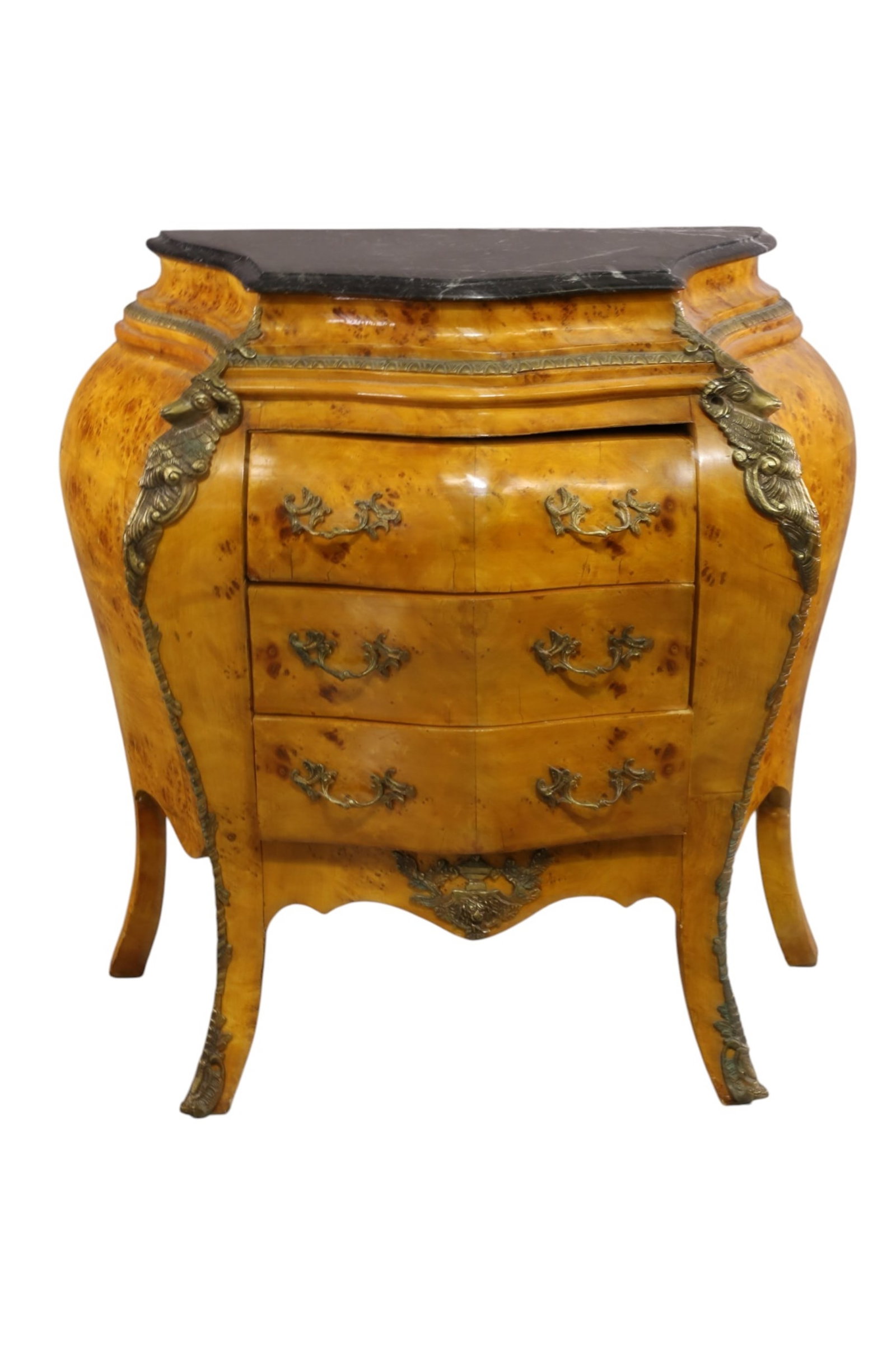 FRENCH STYLE CHEST: 3 DRAWER BURLED BOMBAY FRENCH STYLE CHEST, RAMS HEAD MOUNTED ORMOLU. 37" W x 21" D x 37" H. THIS ITEM EXCEEDS SIZE LIMITATIONS FOR IN HOUSE SHIPPING, MUST BE PICKED UP IN HOUSE OR SHIPPED VIA 3rd