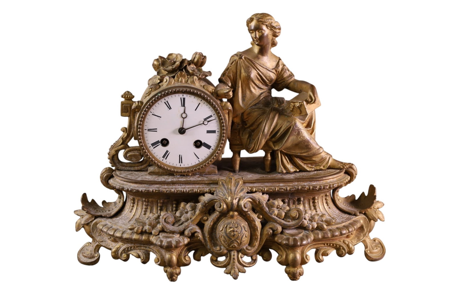 FRENCH MANTLE CLOCK: GILT METAL FIGURAL FRENCH MANTLE CLOCK, DISCOLORATION. ALL CLOCKS ARE SOLD AS IS WE DO NOT GUARANTEE WOTRKING ORDER. 15" W x 11" H.