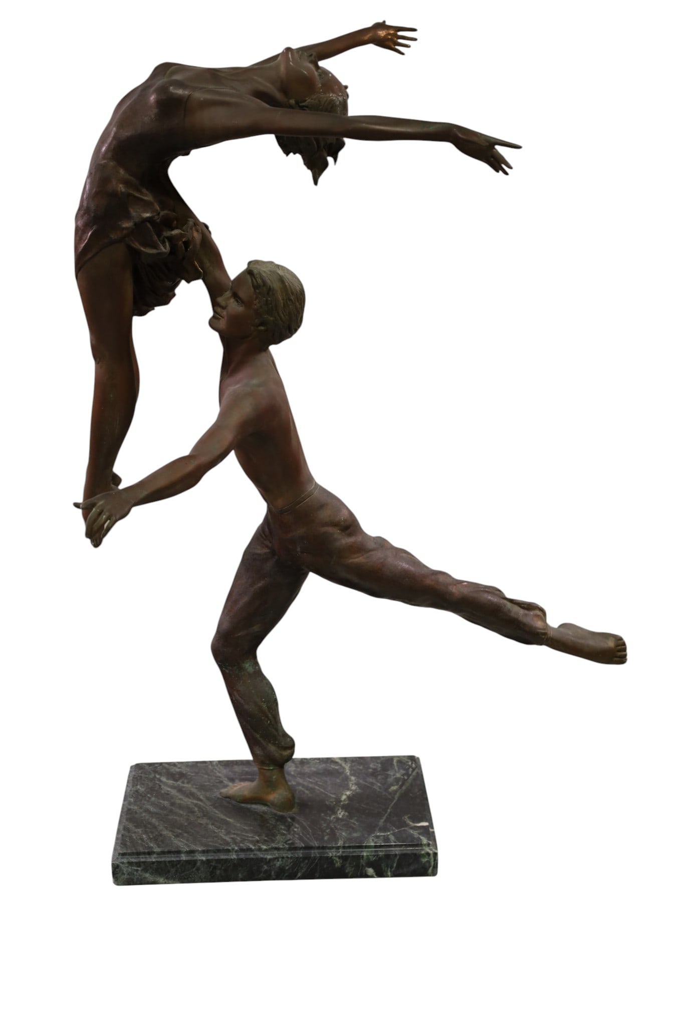 LARGE BRONZE SCULPTURE: LARGE DOUBLE FIGURE DANCERS BRONZE SCULPTURE, ON MARBLE BASE, CRACK TO ONE ARM, CHIP TO MARBLE. 45" H. THIS ITEM EXCEEDS SIZE LIMITATIONS FOR IN HOUSE SHIPPING, MUST BE PICKED UP IN HOUSE OR SHIPPED