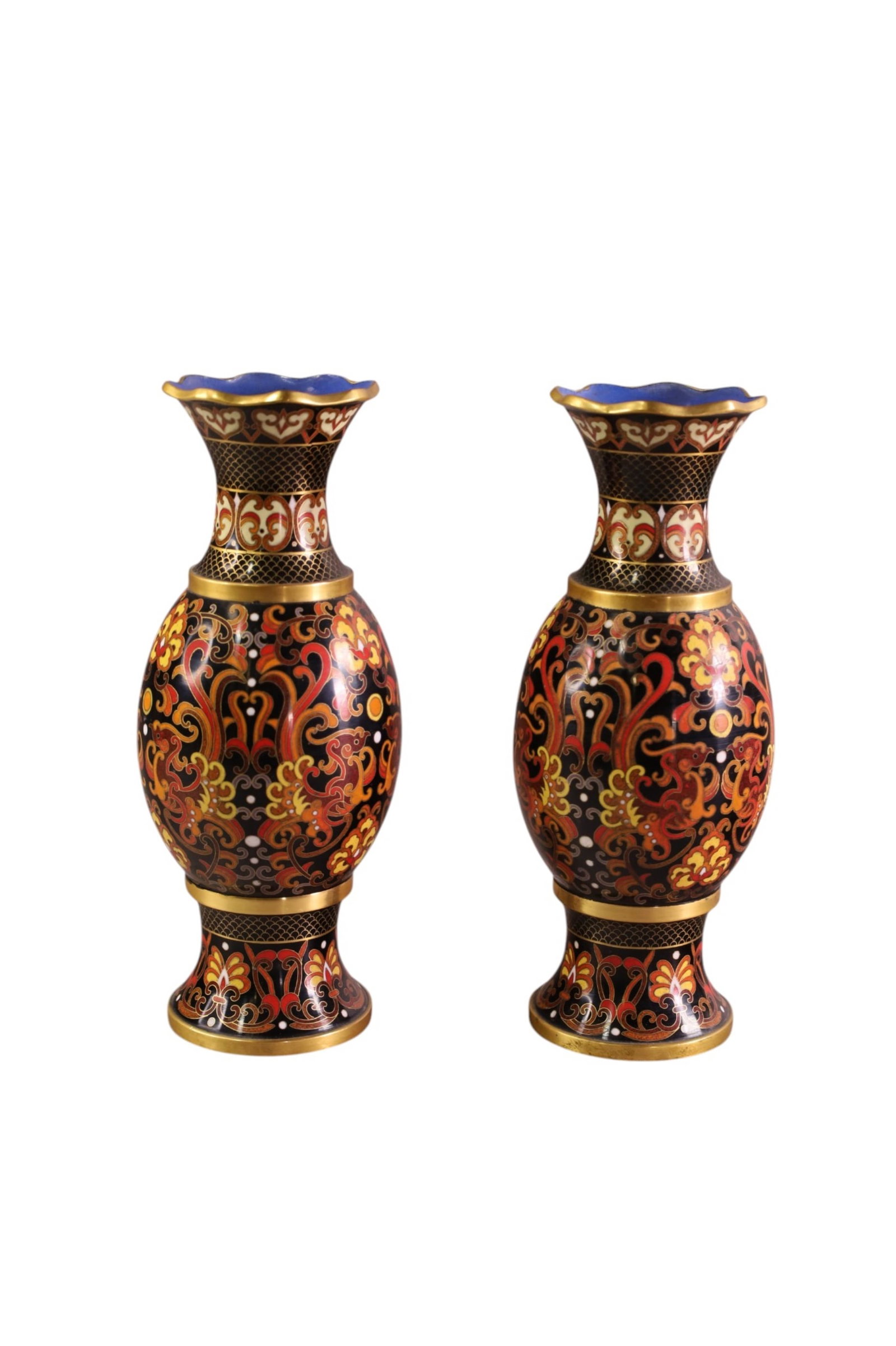 PAIR OF CLOISONNE VASES: PAIR OF SMALL CLOISONNE VASES. 10 1/2" H.