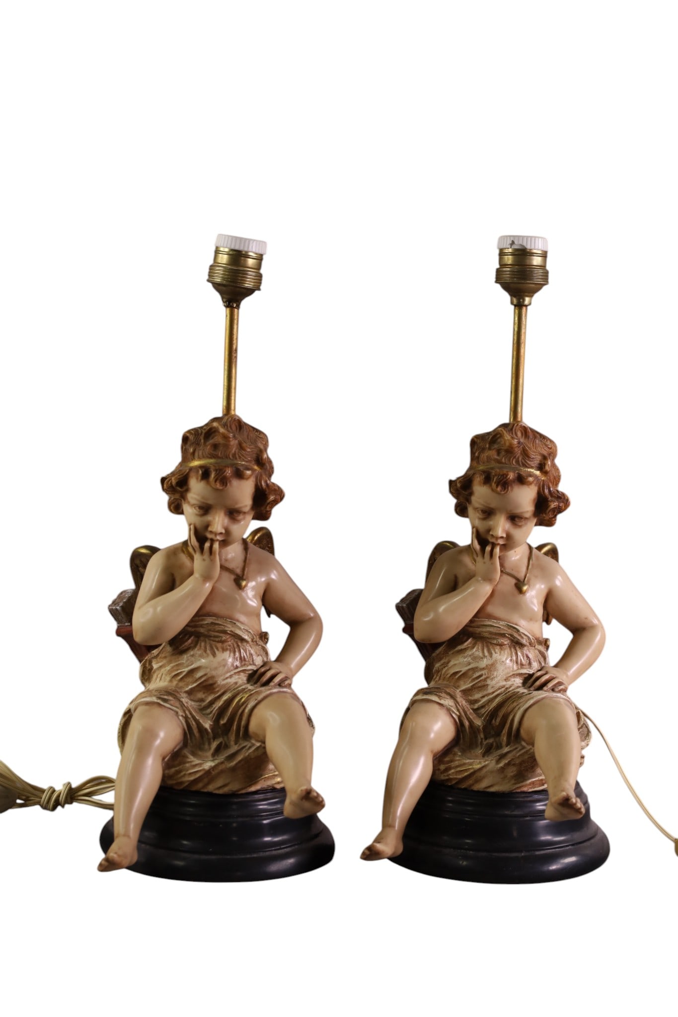 PAIR OF CHERUB LAMPS: PAIR OF CHERUB FORM TABLE LAMPS, PAINTED METAL. 17" H.