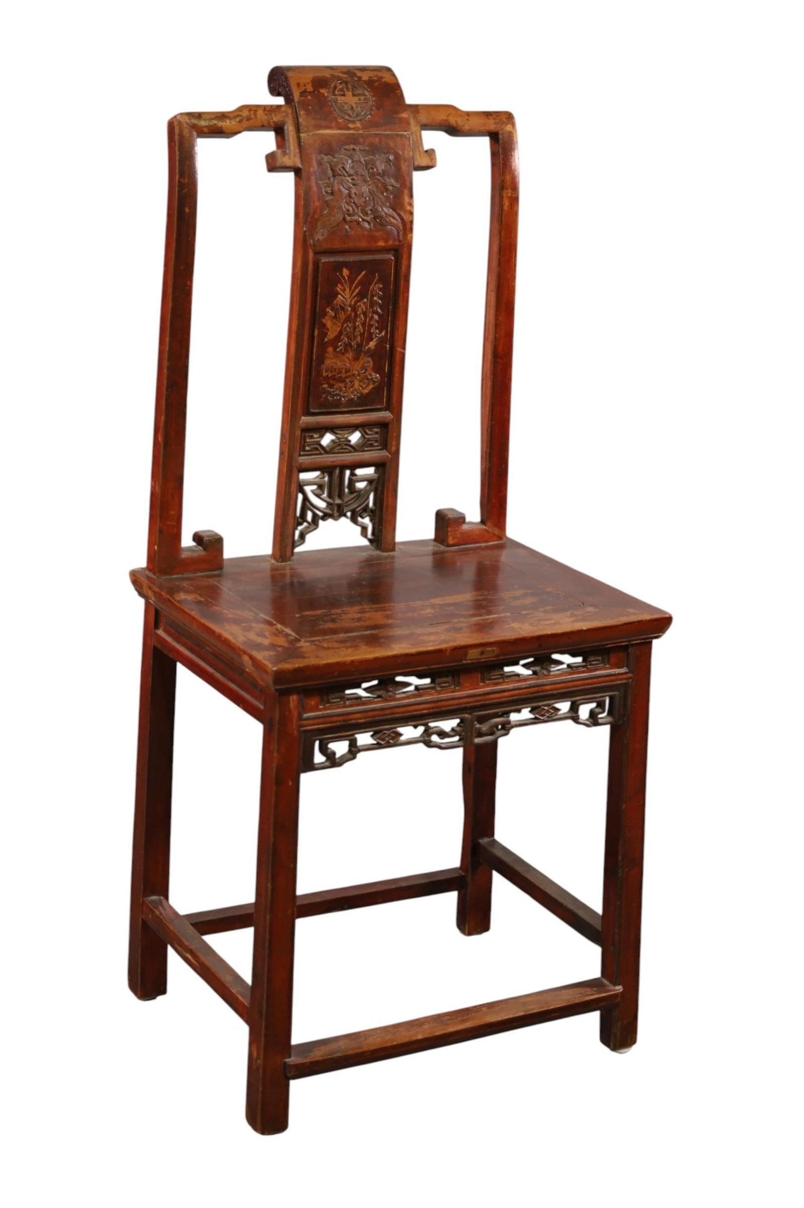 CHINESE SIDE CHAIR: CHINESE HARDWOOD SIDE CHAIR, CARVED BACK, WEAR TO FINISH., 20" W x 15" D x 44" H. THIS ITEM EXCEEDS SIZE LIMITATIONS FOR IN HOUSE SHIPPING, MUST BE PICKED UP IN HOUSE OR SHIPPED VIA 3rd PARTY GROUND