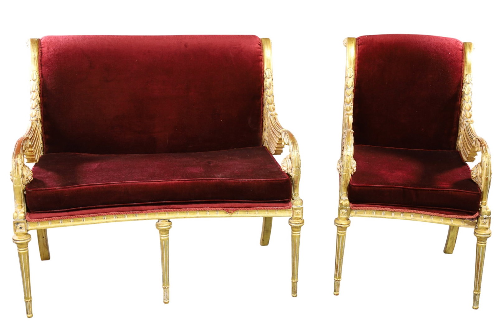 2 PIECE GOLD GILT PARLOR SET: GOLD GILT EMPIRE STYLE GILT WOOD PARLOR SET, LARGE SETTEE & ARMCHAIR, 26 1/2" W x 23" D x 45" H & 48 1/2" W x 25" D x 45" H. THIS ITEM EXCEEDS SIZE LIMITATIONS FOR IN HOUSE SHIPPING, MUST BE PICKED